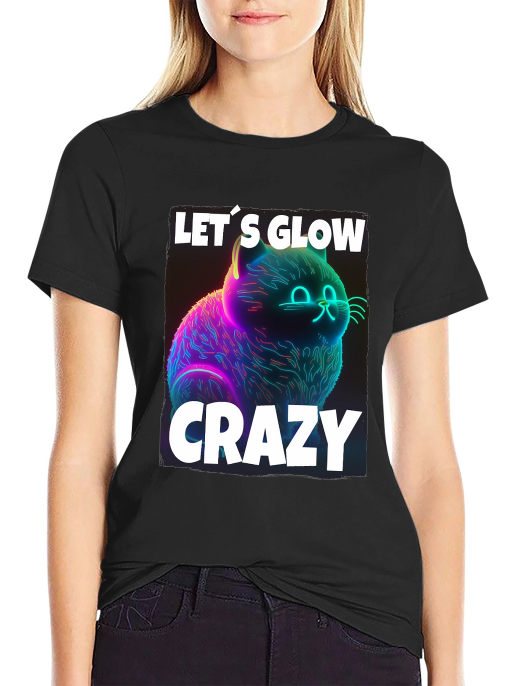 Lets Glow Crazy Cat Graphic T-Shirt
