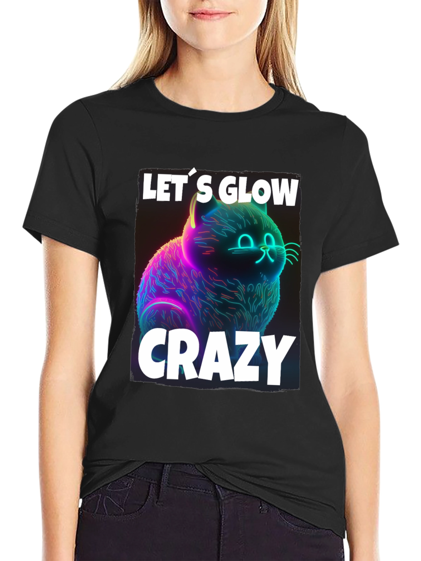 Lets Glow Crazy Cat Graphic T-Shirt