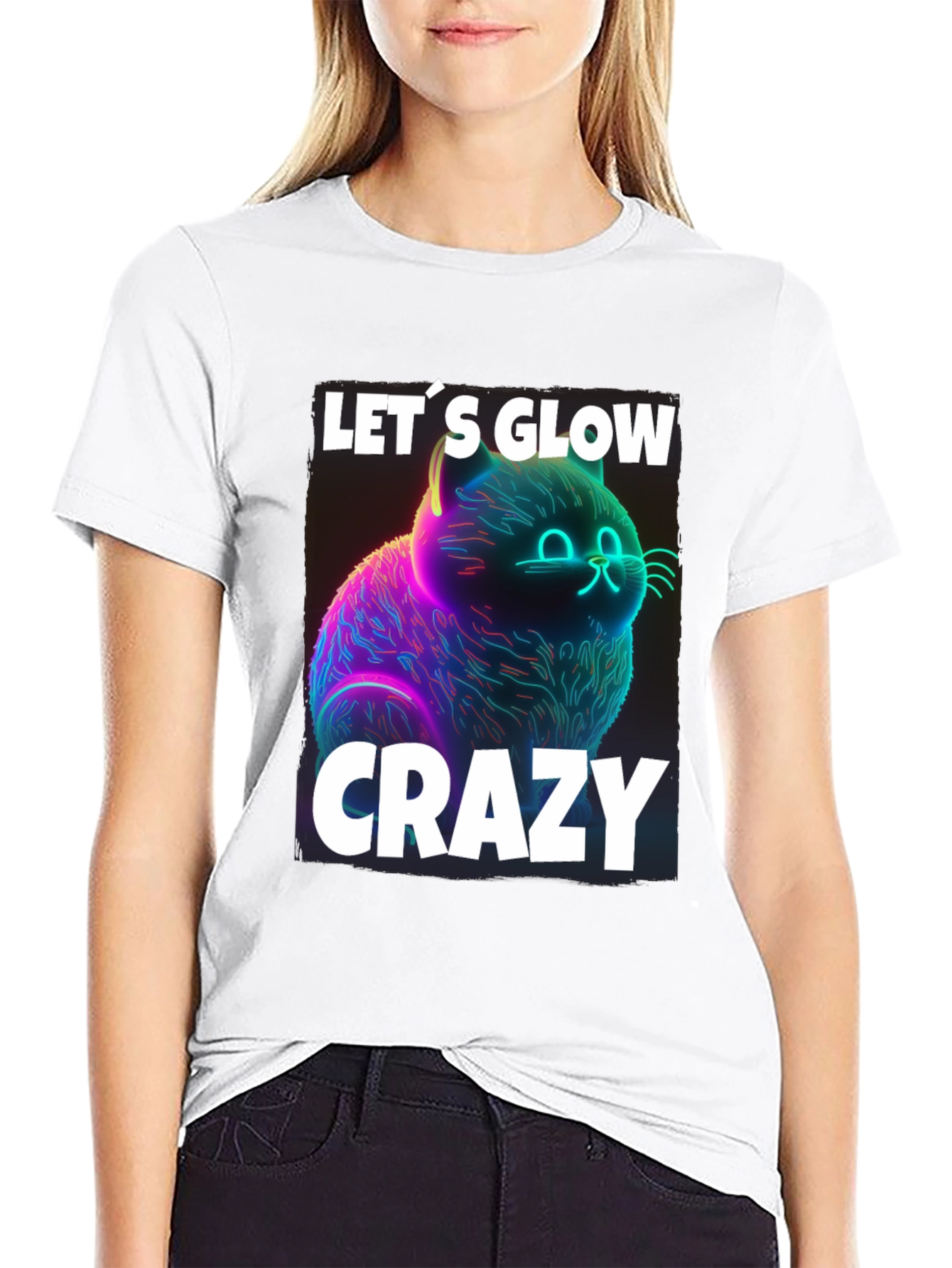 Lets Glow Crazy Cat Graphic T-Shirt