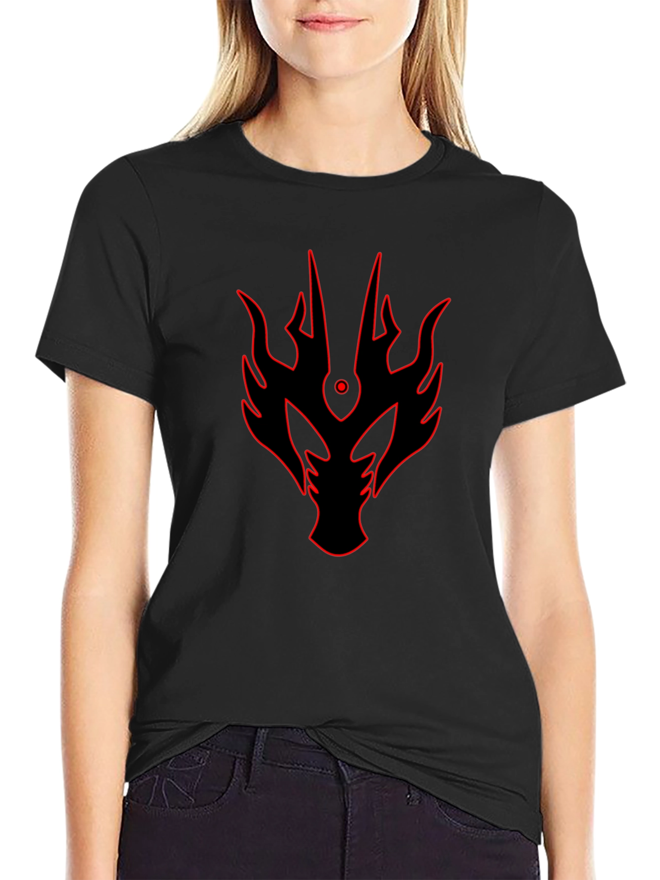 Bold Red Dragon Head Graphic Print Black T-Shirt