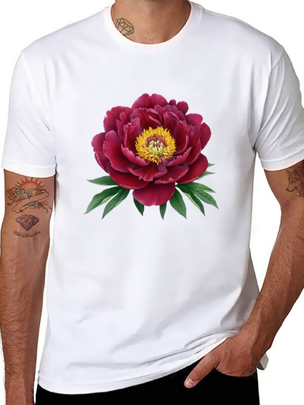 Elegant Peony Graphic Black T-Shirt