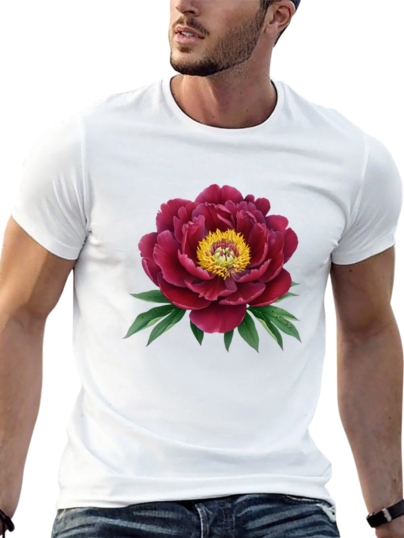 Elegant Peony Graphic Black T-Shirt