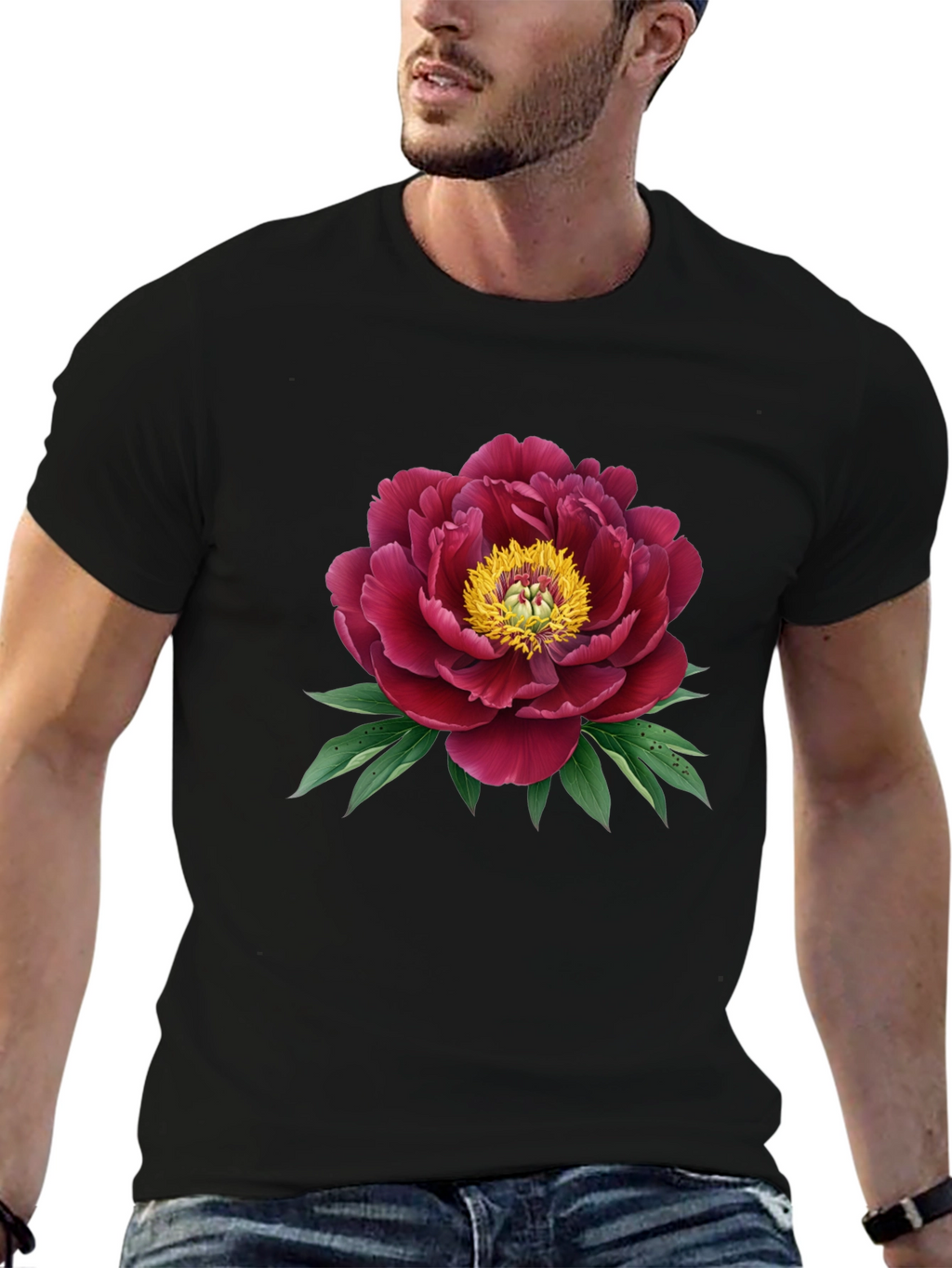 Elegant Peony Graphic Black T-Shirt