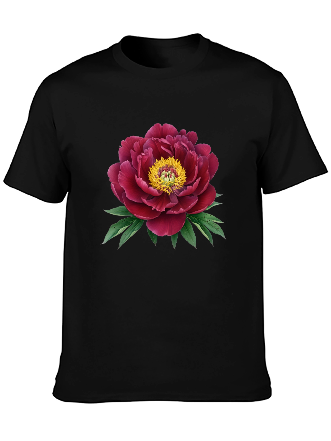 Elegant Peony Graphic Black T-Shirt