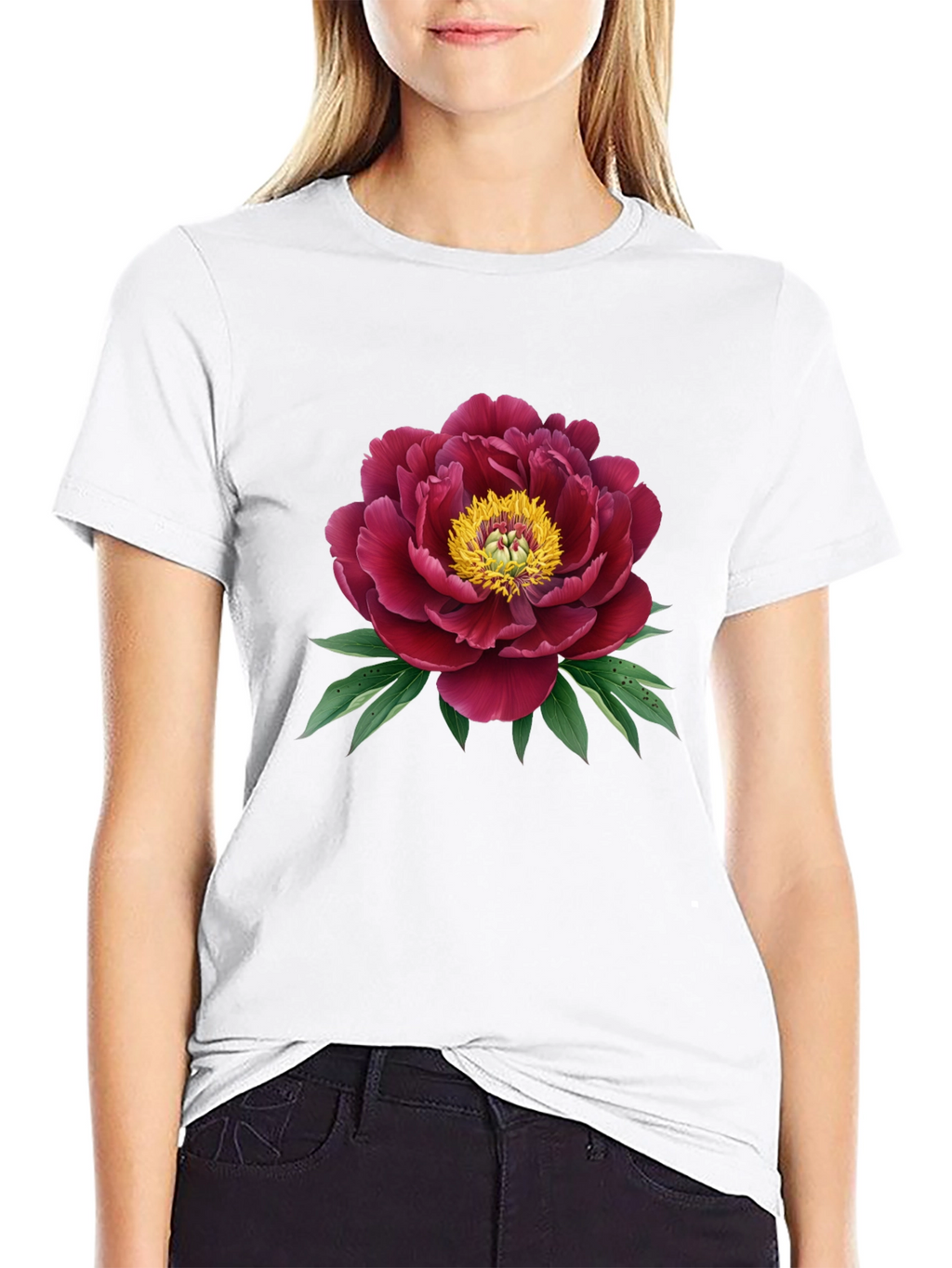 Elegant Peony Graphic Black T-Shirt
