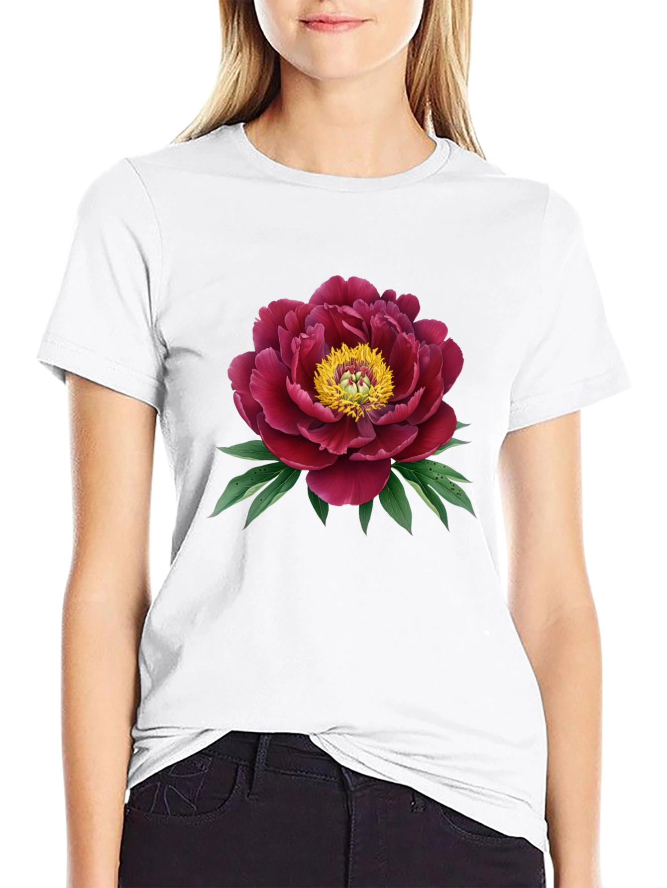 Elegant Peony Graphic Black T-Shirt
