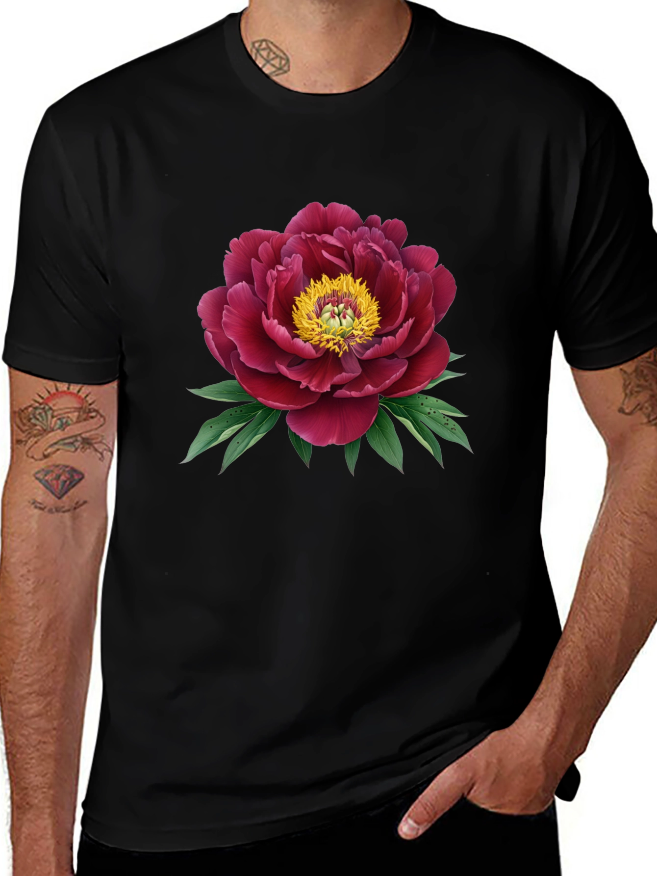 Elegant Peony Graphic Black T-Shirt