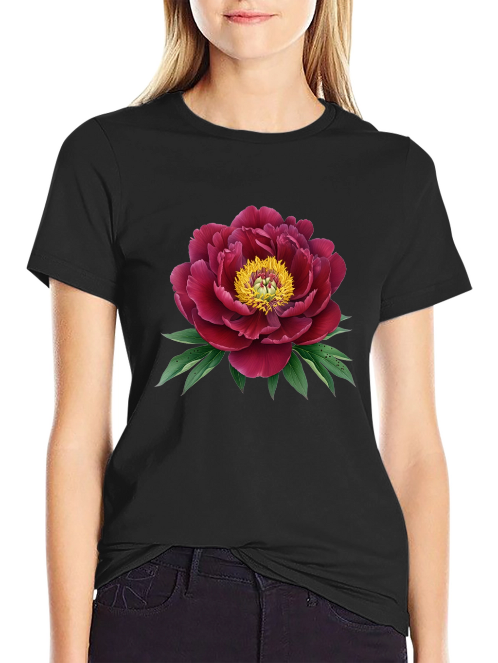 Elegant Peony Graphic Black T-Shirt