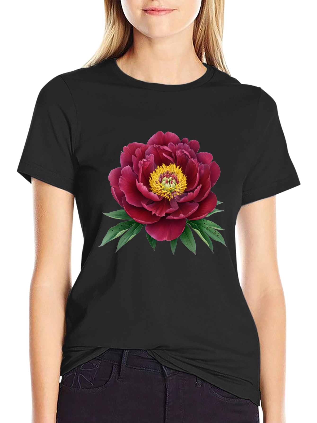 Elegant Peony Graphic Black T-Shirt