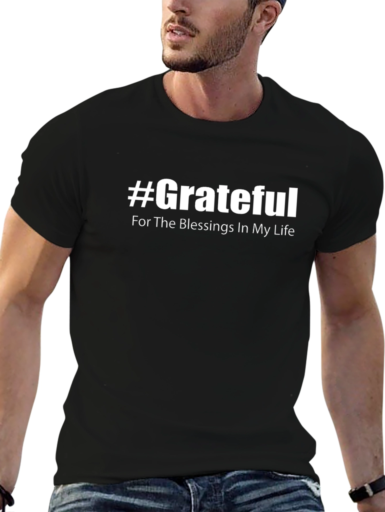#Grateful Blessings Graphic T-Shirt - Casual Black Tee