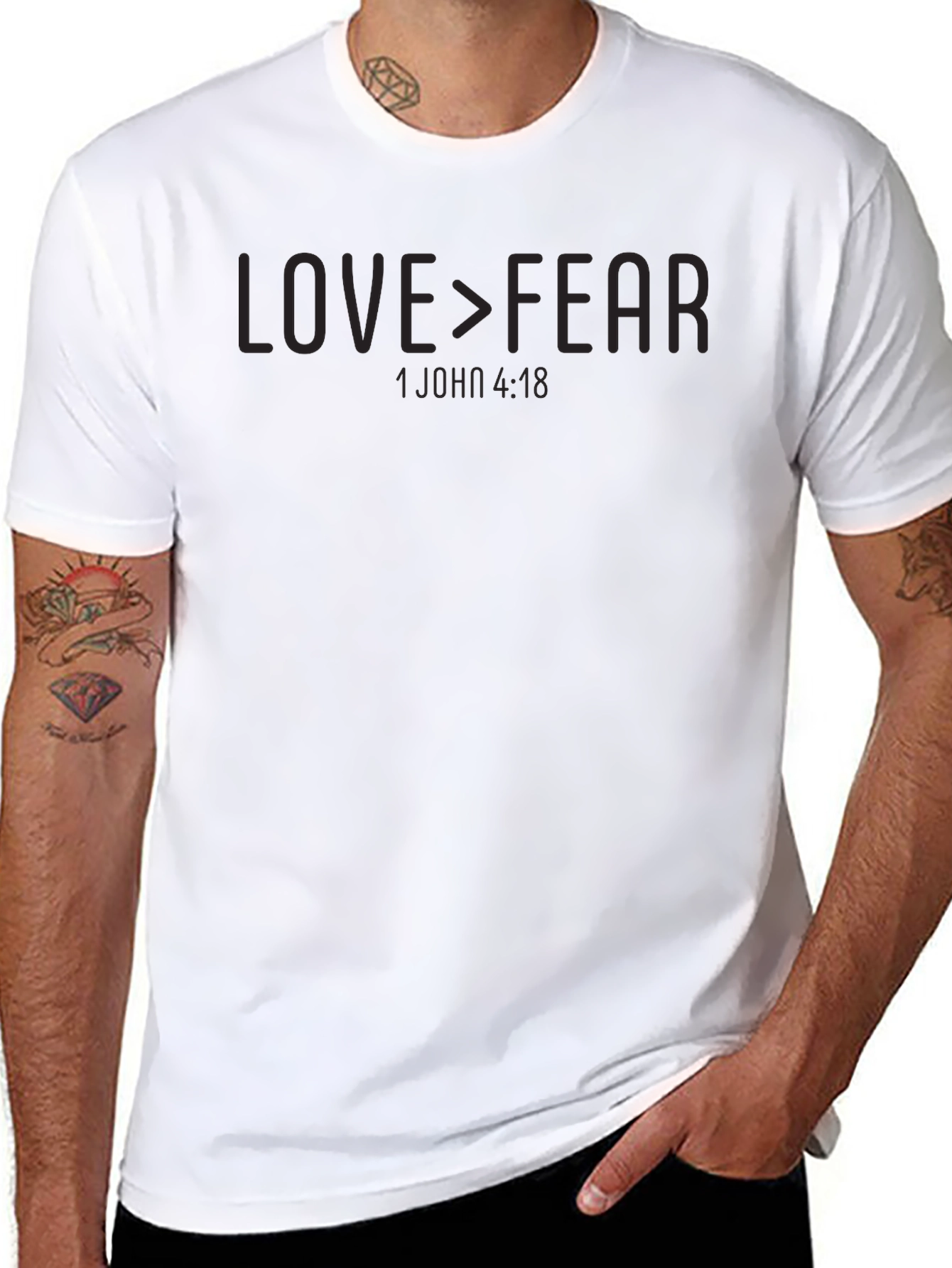 Love > Fear T-Shirt - 1 John 4:18 - Inspiring Christian Apparel