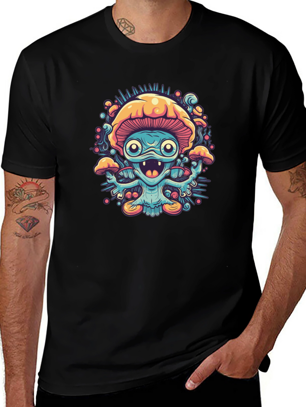 Psychedelic Mushroom Graphic Tee - Black
