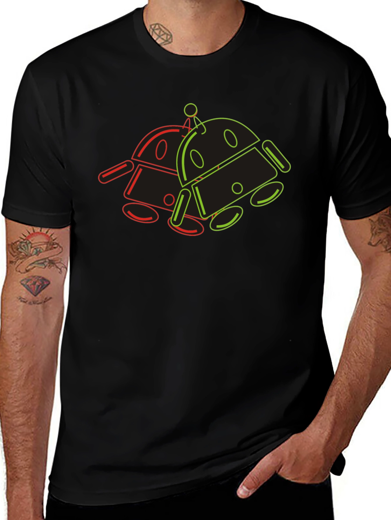 Retro Robot Outline Graphic T-Shirt - Black