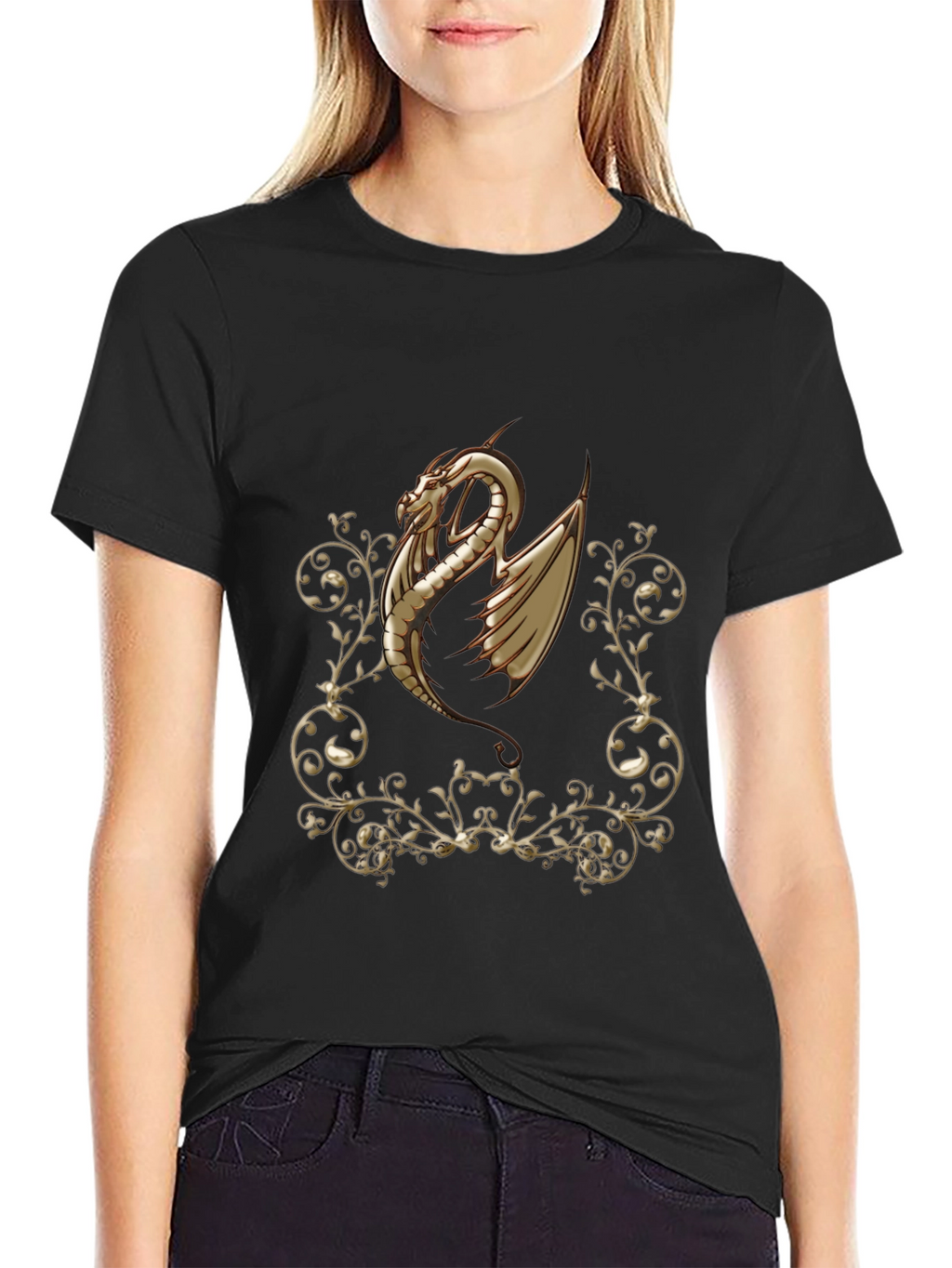 Dragon Scrollwork Graphic Black T-Shirt