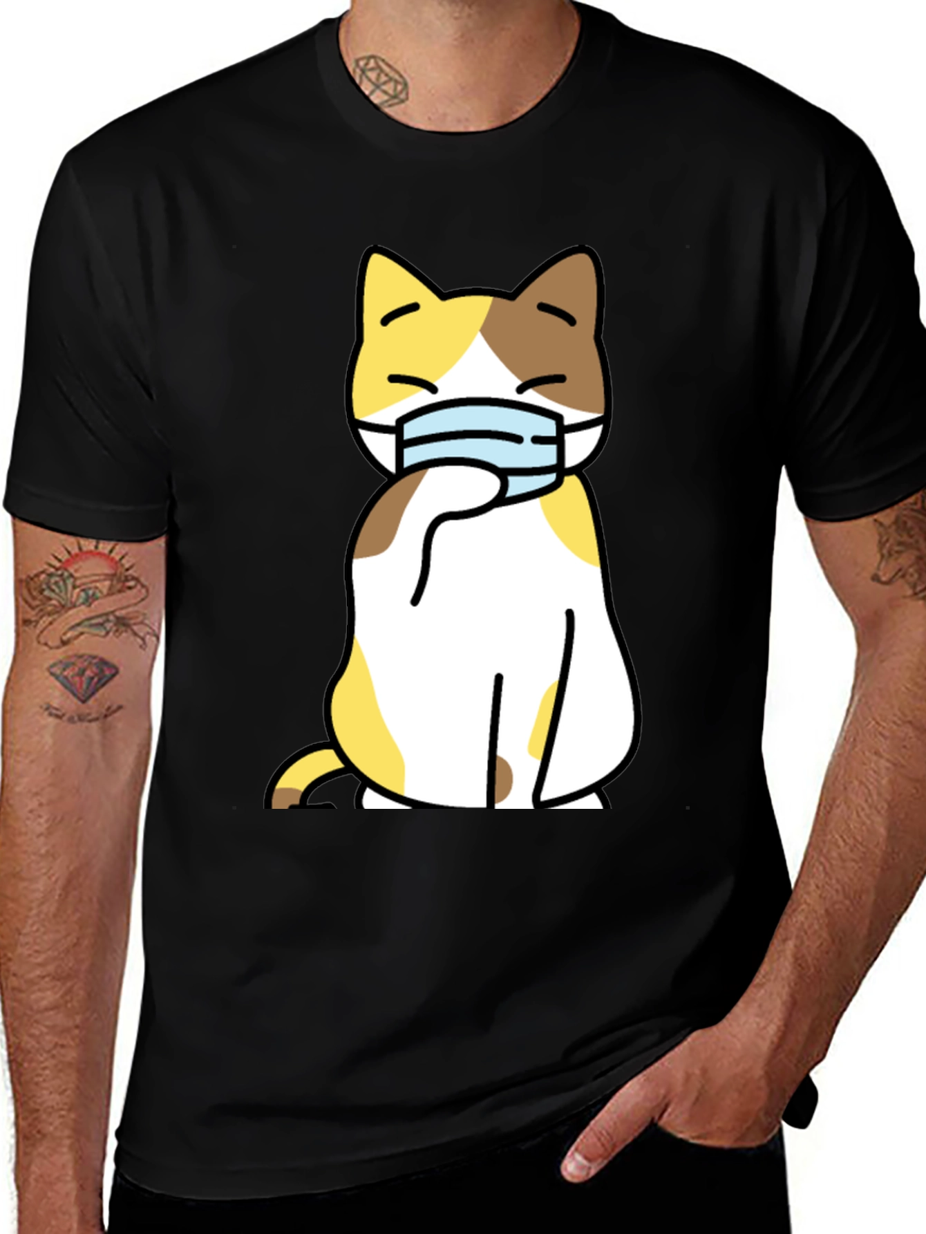 Cat Wearing Mask Graphic Tee - Stylish Black T-Shirt