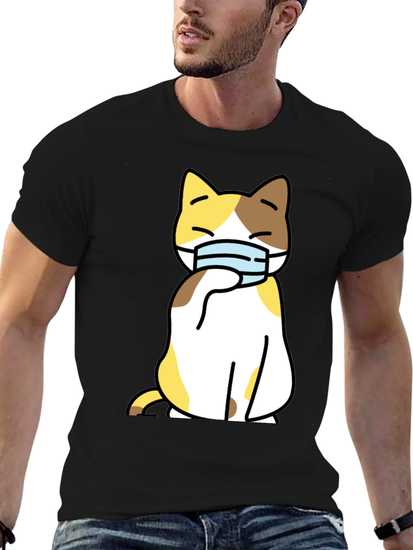 Cat Wearing Mask Graphic Tee - Stylish Black T-Shirt