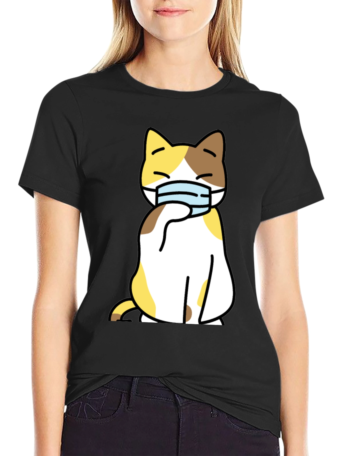 Cat Wearing Mask Graphic Tee - Stylish Black T-Shirt