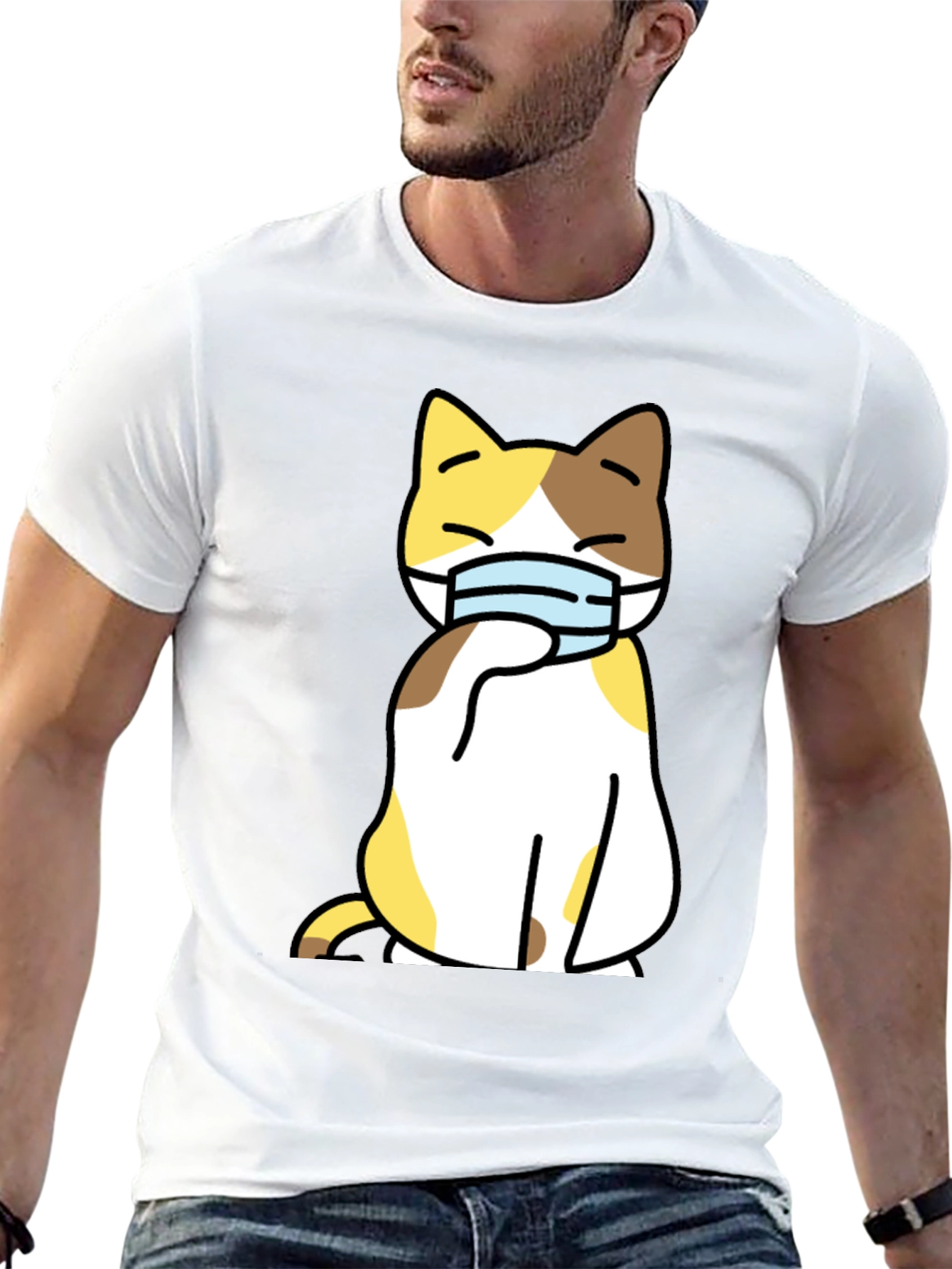 Cat Wearing Mask Graphic Tee - Stylish Black T-Shirt