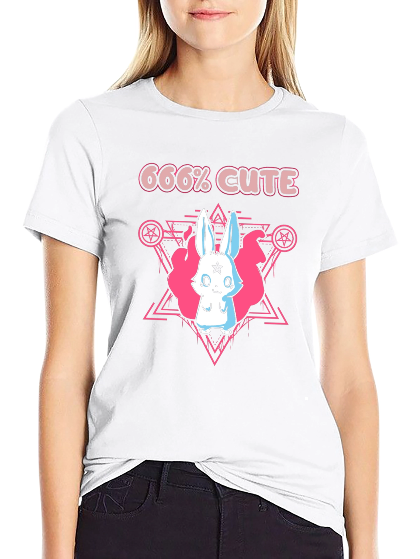 666% Cute Rabbit Graphic Tee - Black Cotton Shirt
