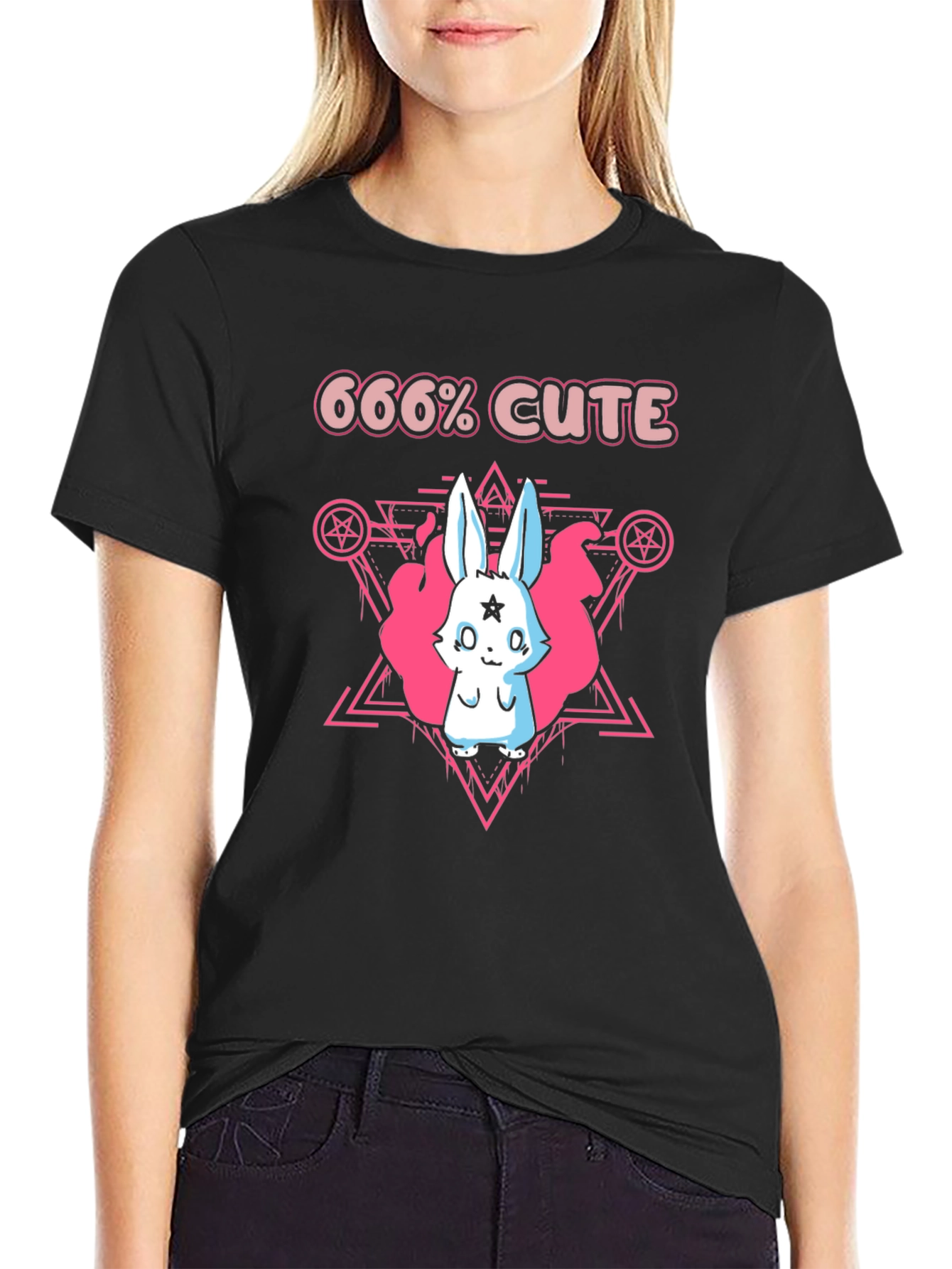 666% Cute Rabbit Graphic Tee - Black Cotton Shirt