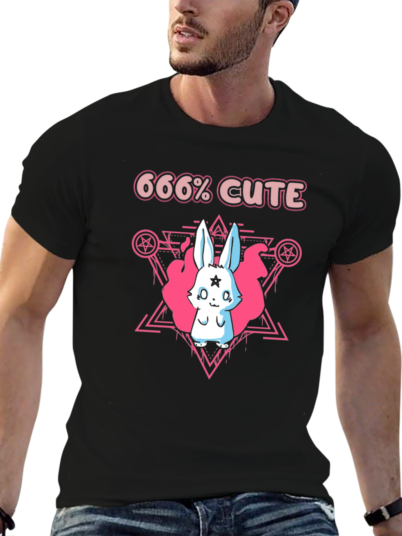 666% Cute Rabbit Graphic Tee - Black Cotton Shirt