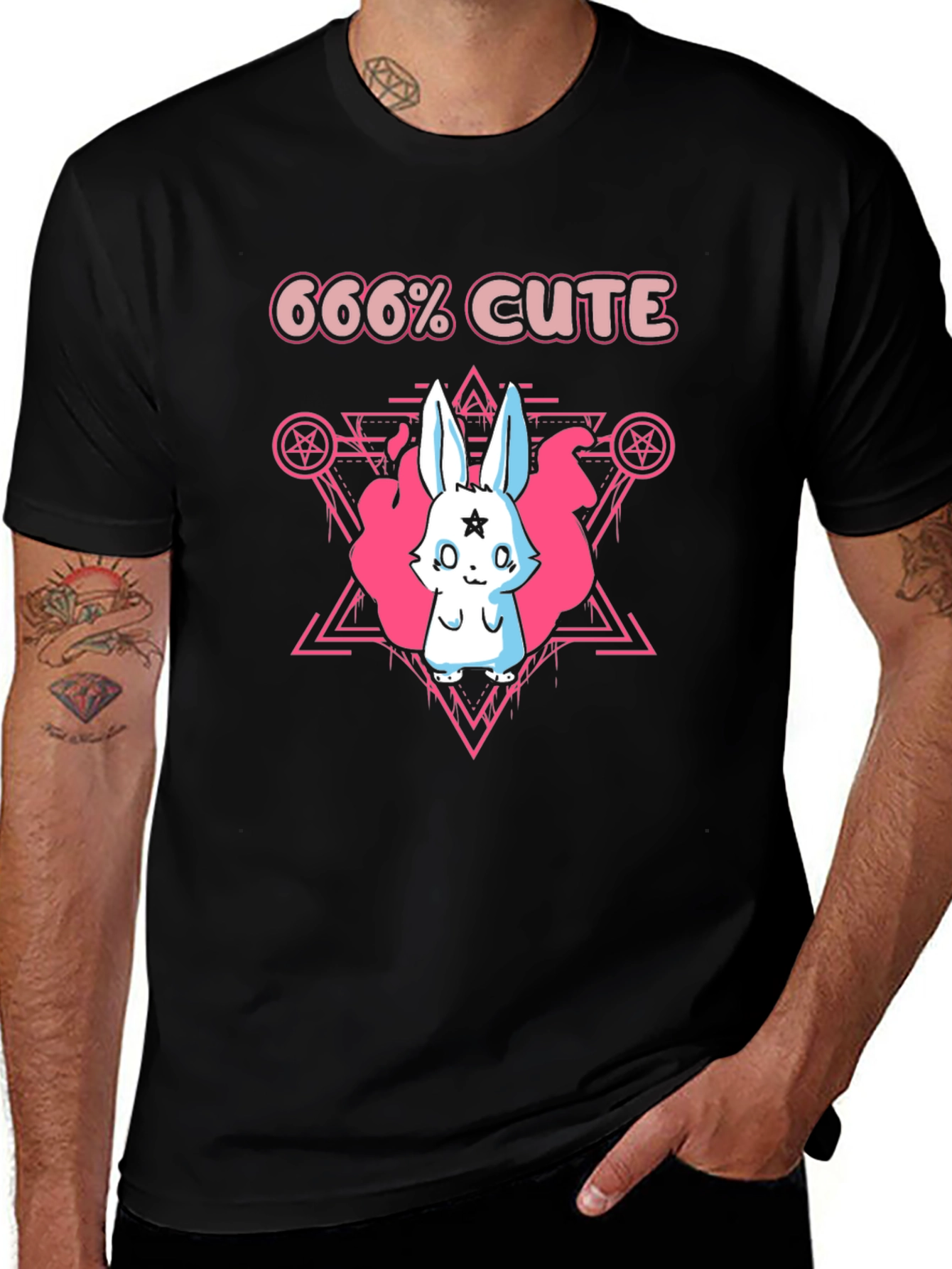 666% Cute Rabbit Graphic Tee - Black Cotton Shirt