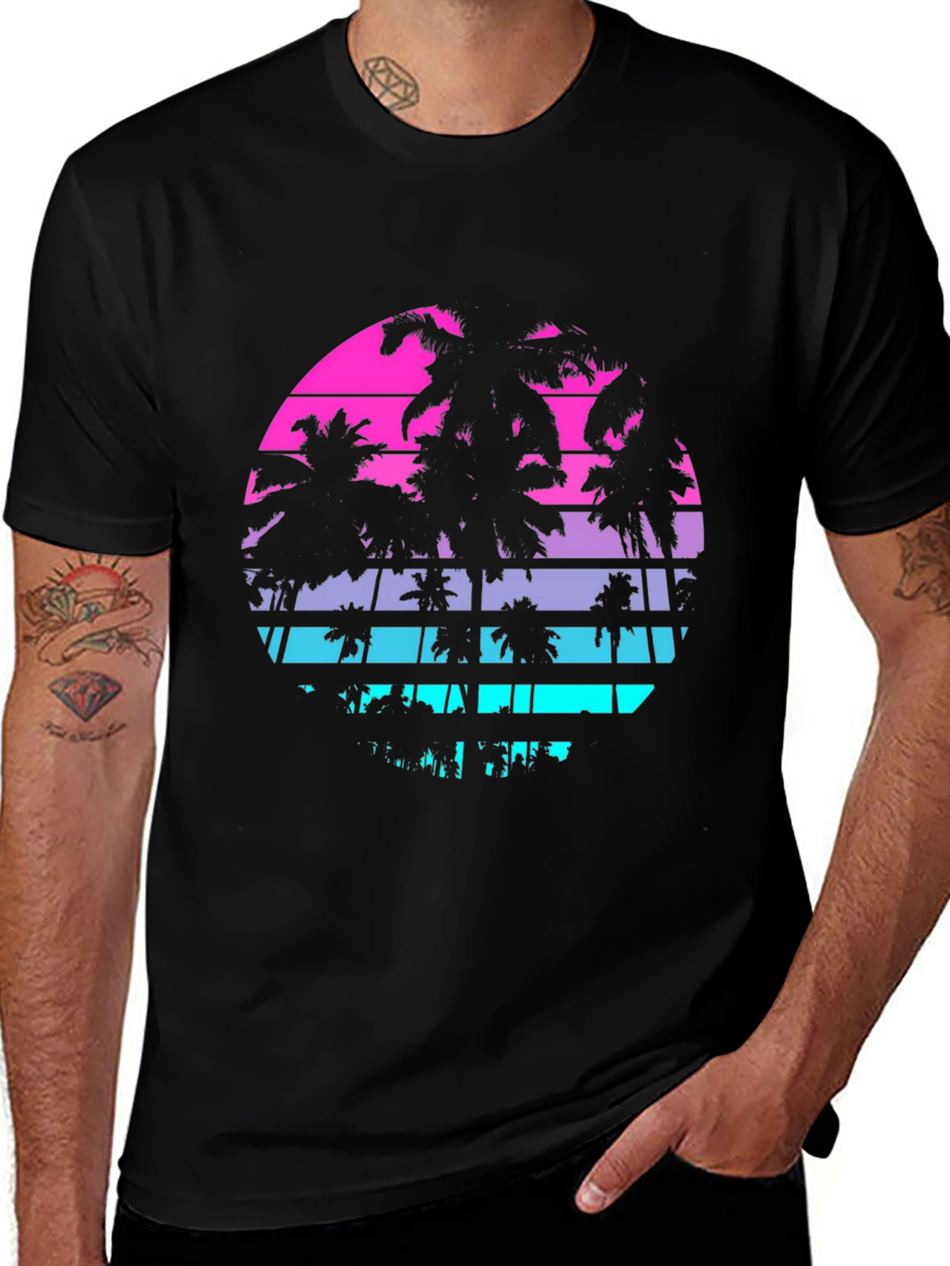 Retro Sunset Palm Tree T-Shirt - Mens Black Graphic Tee