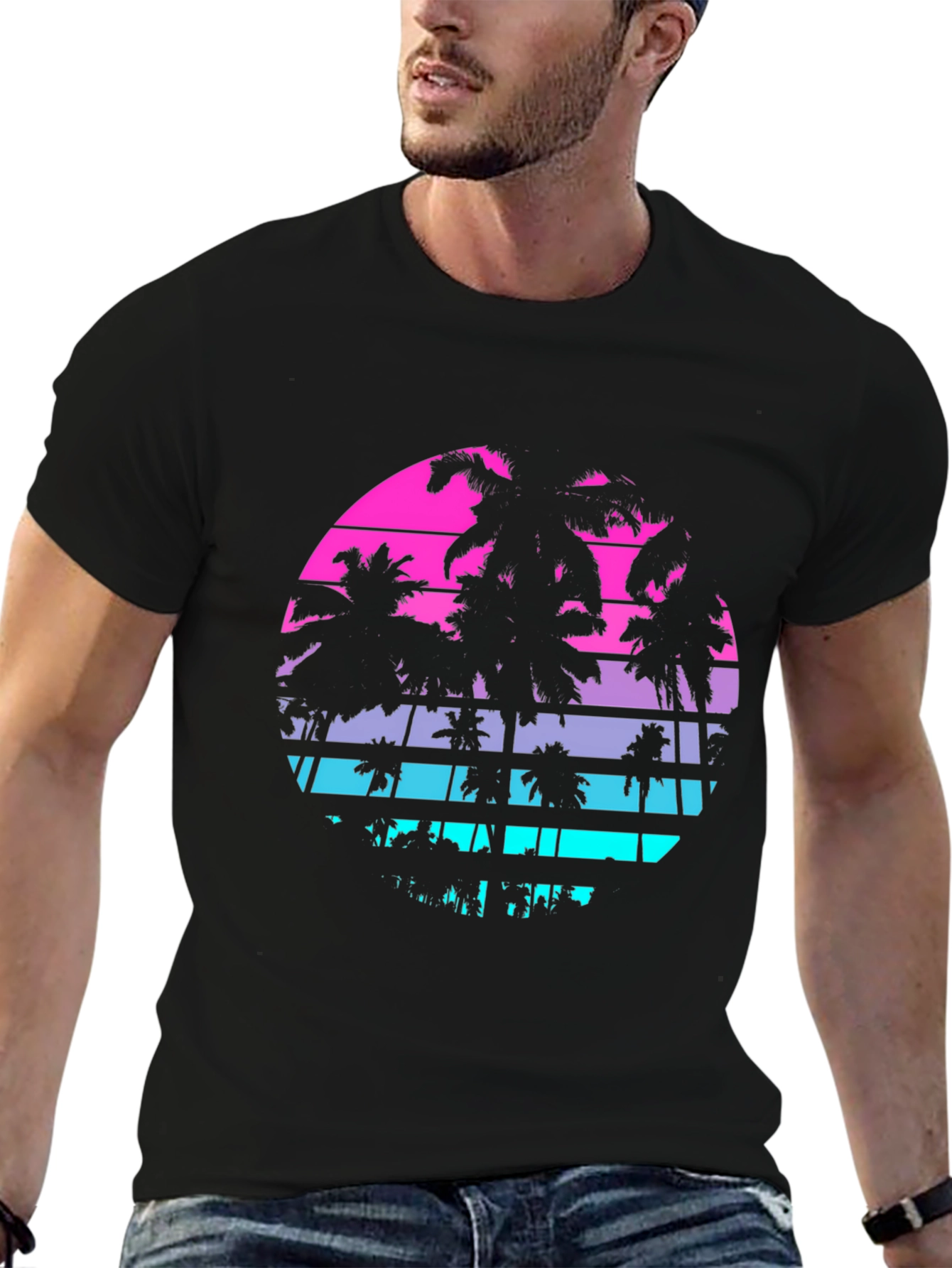 Retro Sunset Palm Tree T-Shirt - Mens Black Graphic Tee