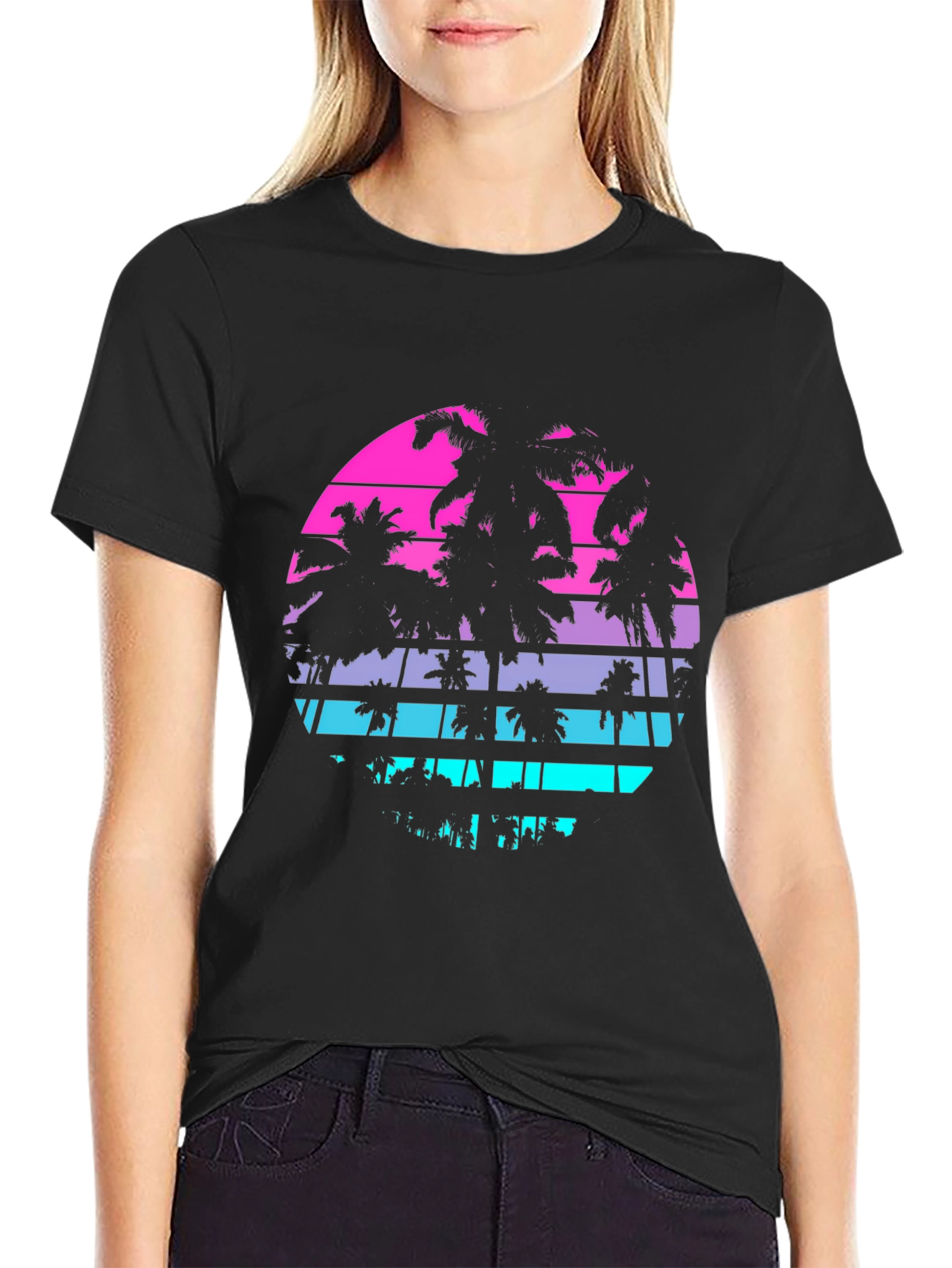 Retro Sunset Palm Tree T-Shirt - Mens Black Graphic Tee