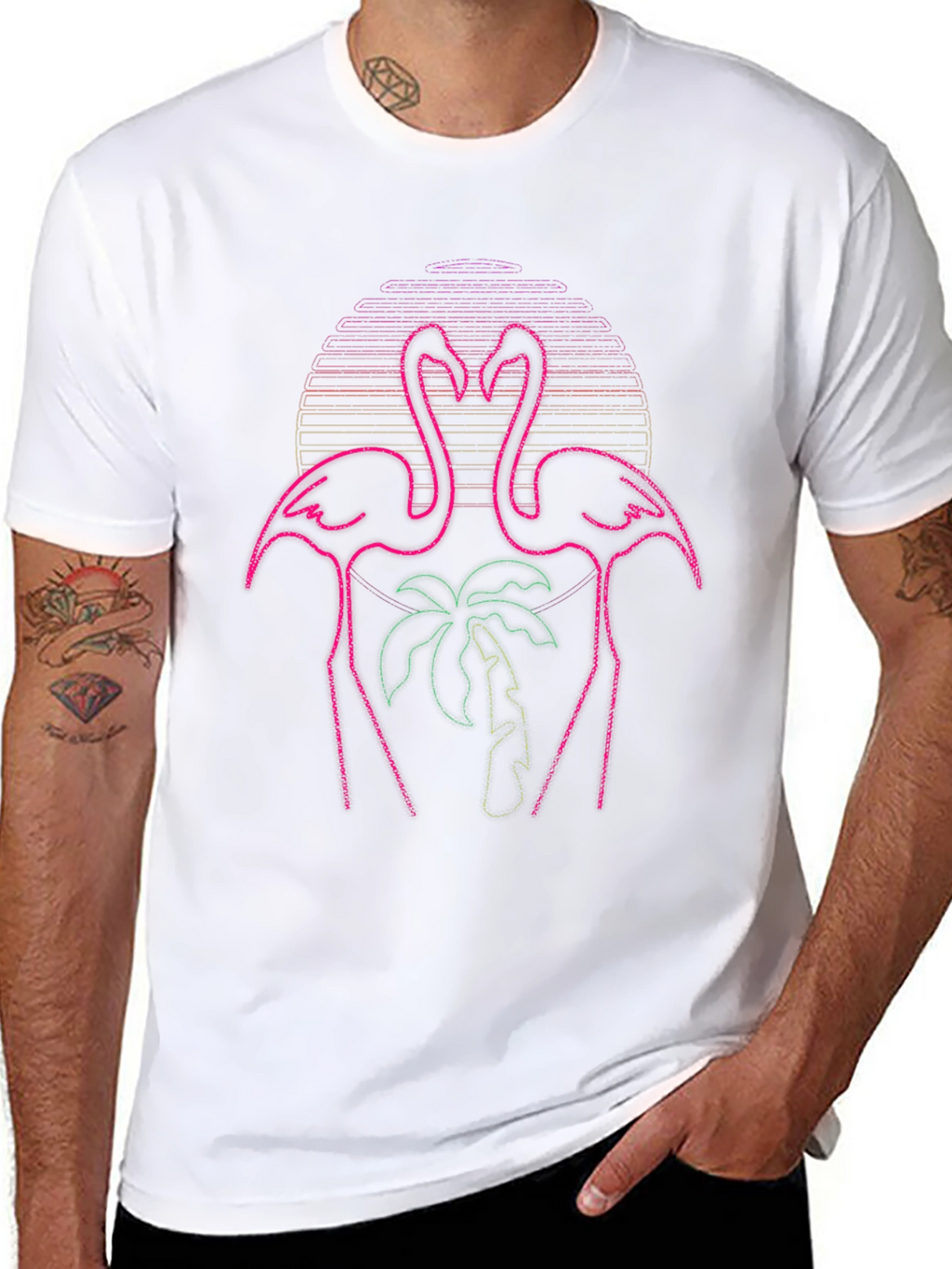 Neon Flamingo Palm Tree Graphic Tee - Black