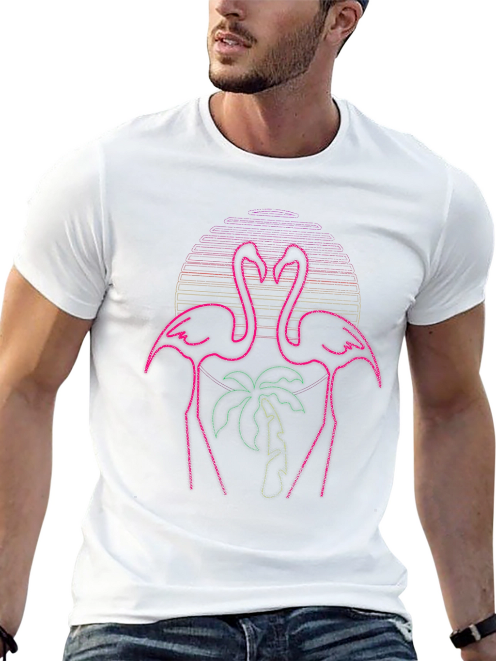 Neon Flamingo Palm Tree Graphic Tee - Black