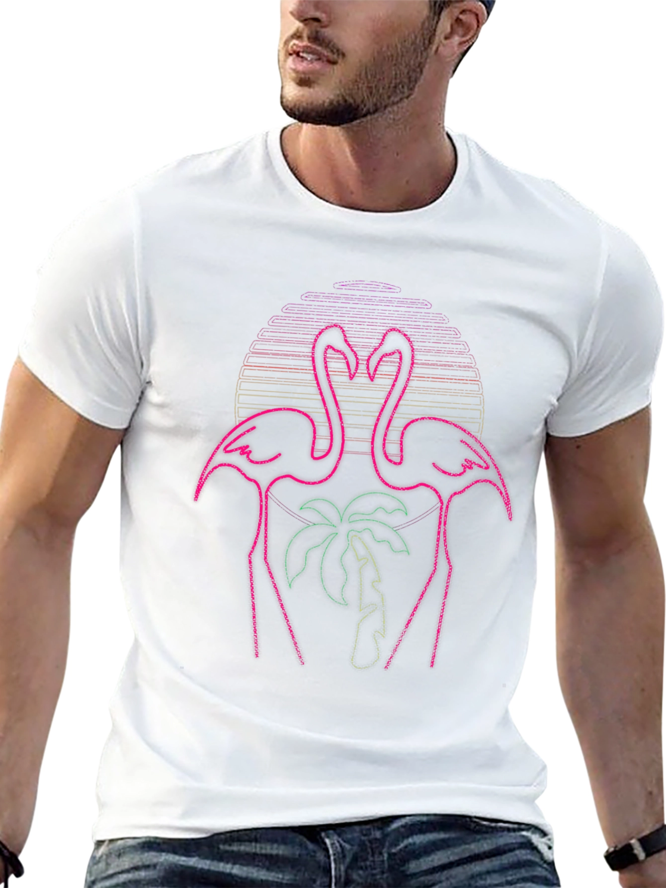 Neon Flamingo Palm Tree Graphic Tee - Black