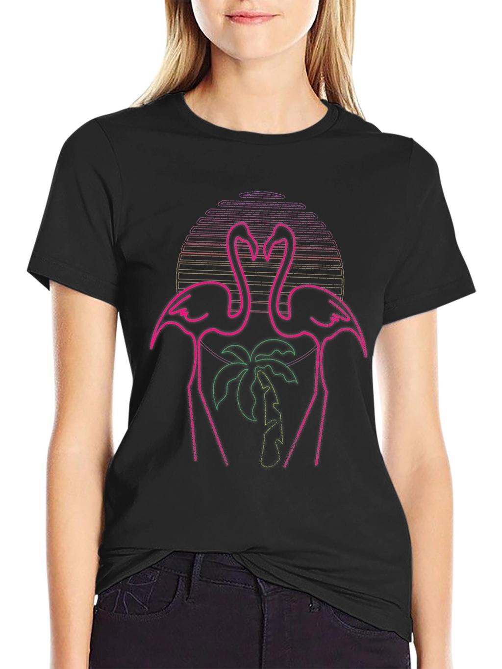 Neon Flamingo Palm Tree Graphic Tee - Black
