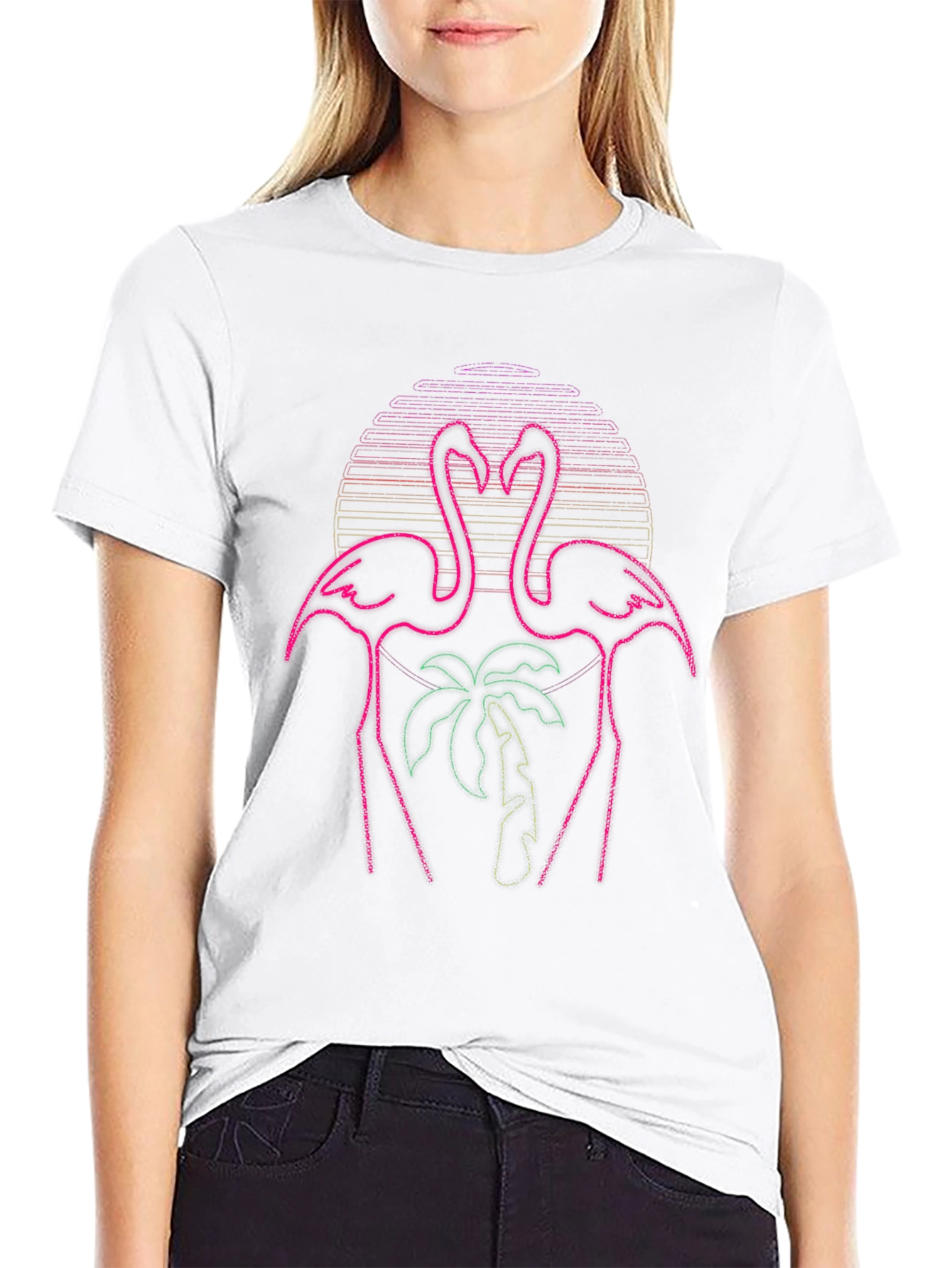 Neon Flamingo Palm Tree Graphic Tee - Black