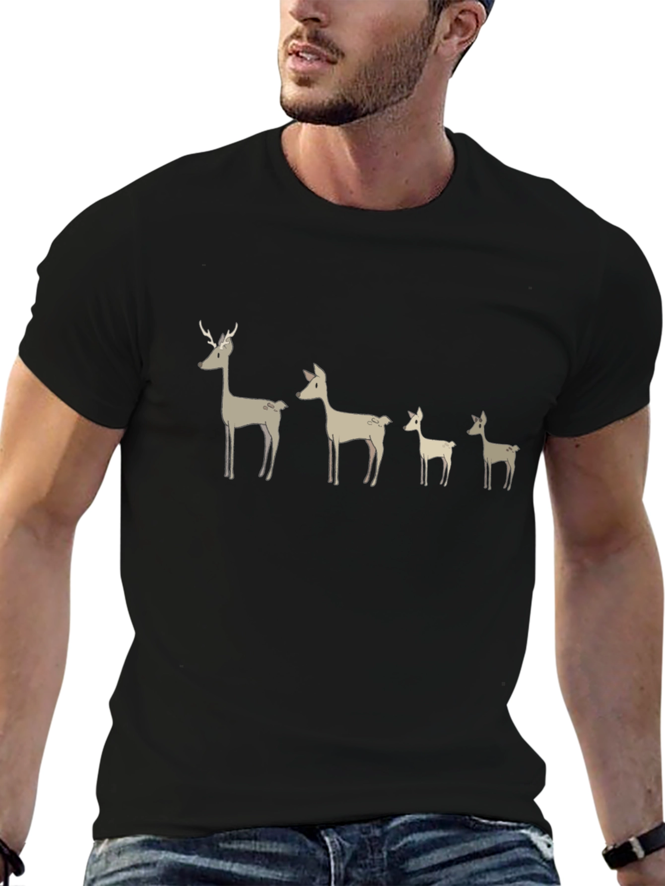 Deer Family Graphic T-Shirt - Black