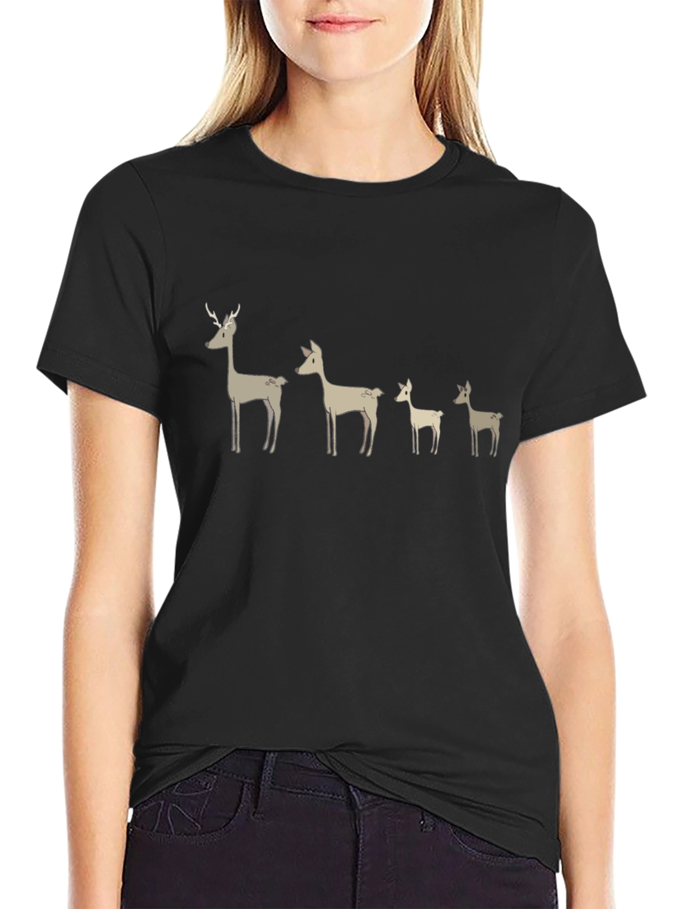 Deer Family Graphic T-Shirt - Black