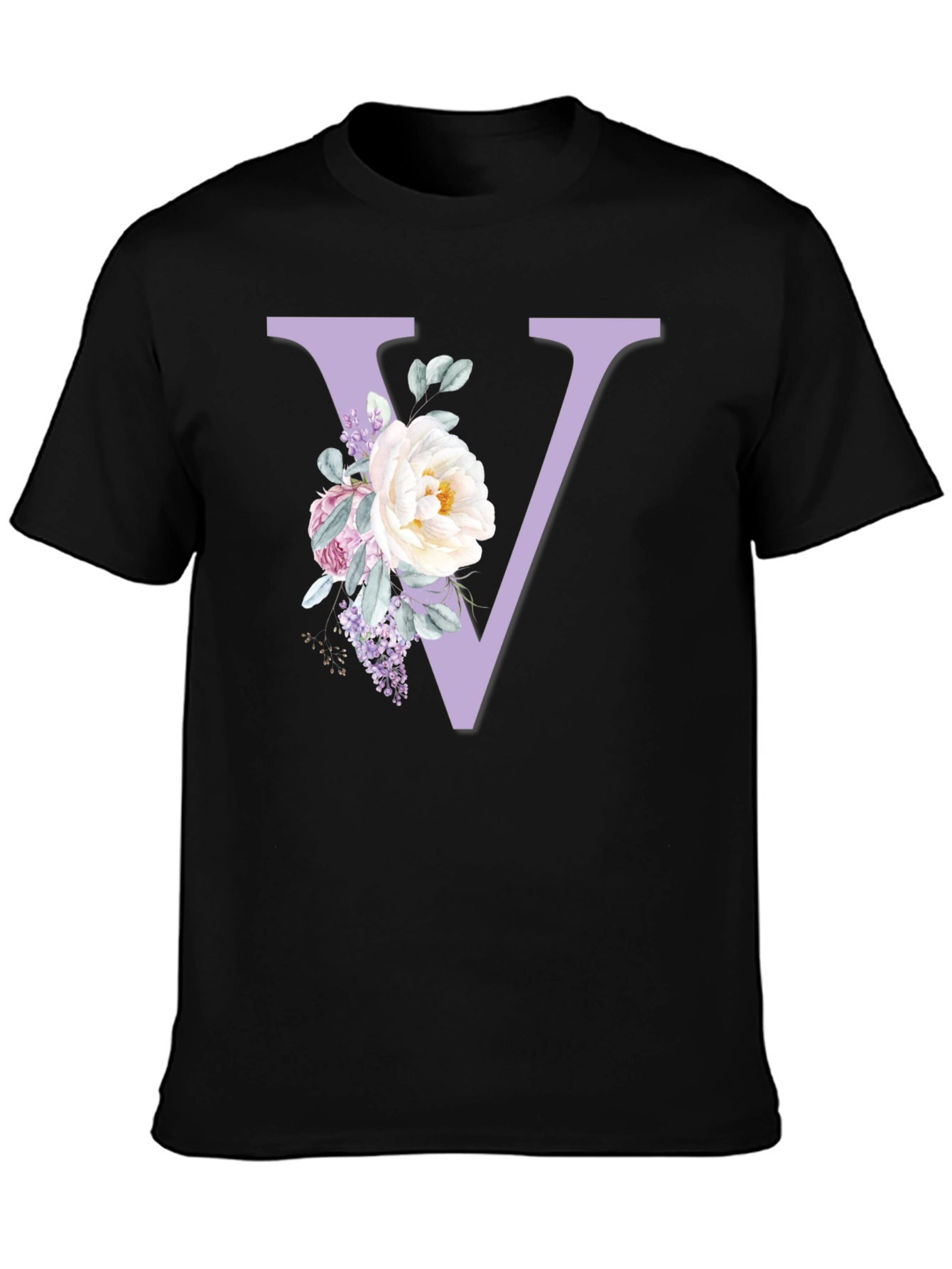 Floral Letter V Black T-Shirt