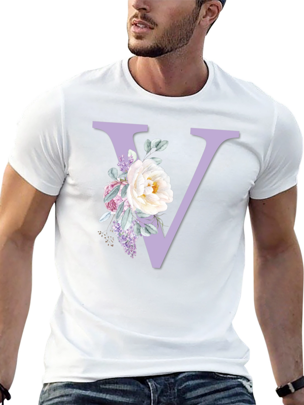 Floral Letter V Black T-Shirt