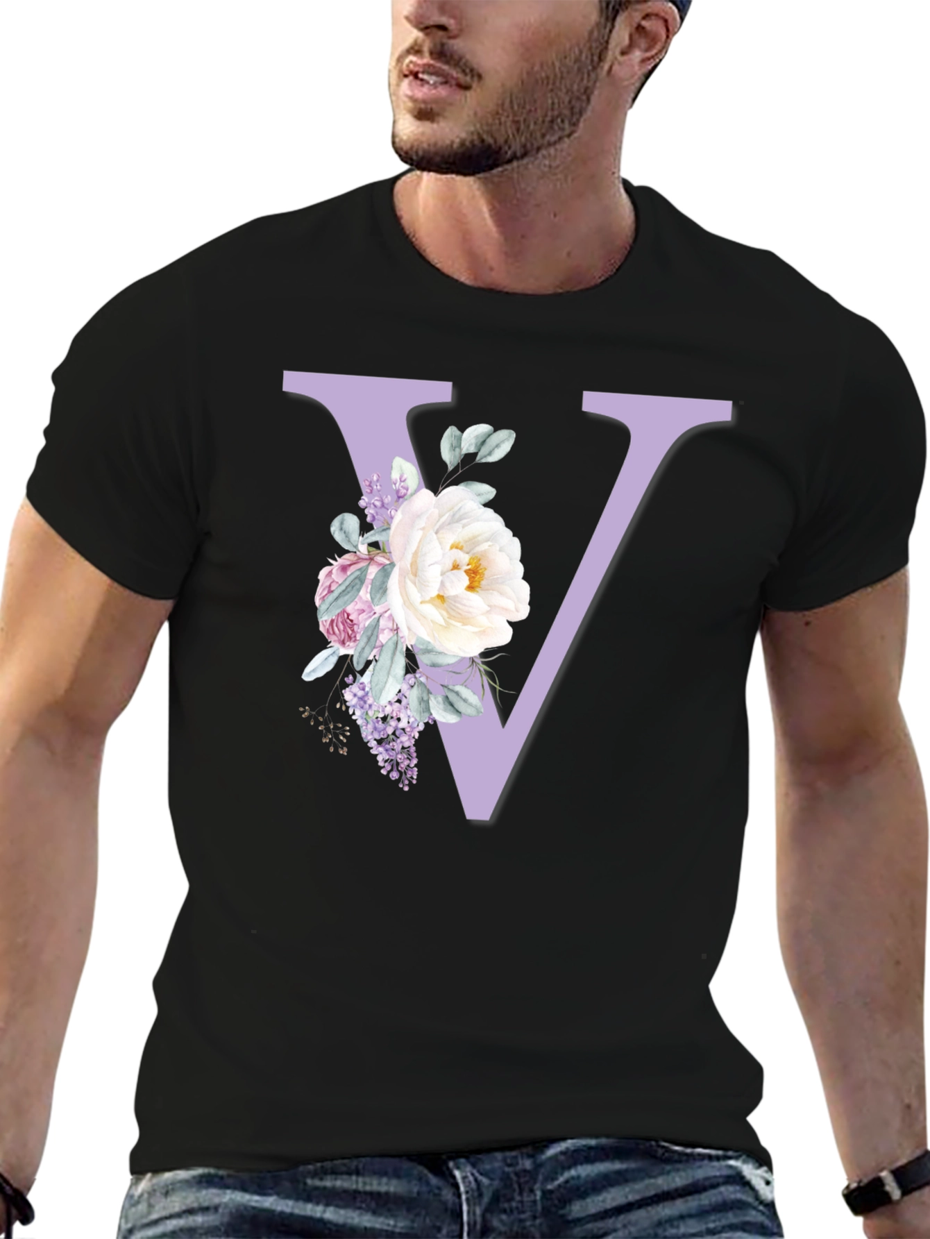 Floral Letter V Black T-Shirt