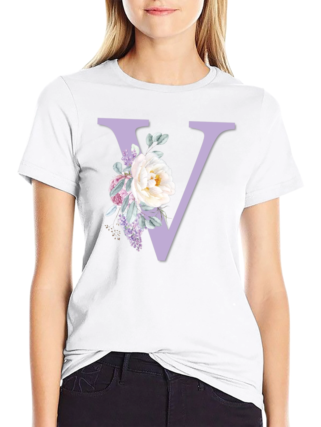 Floral Letter V Black T-Shirt