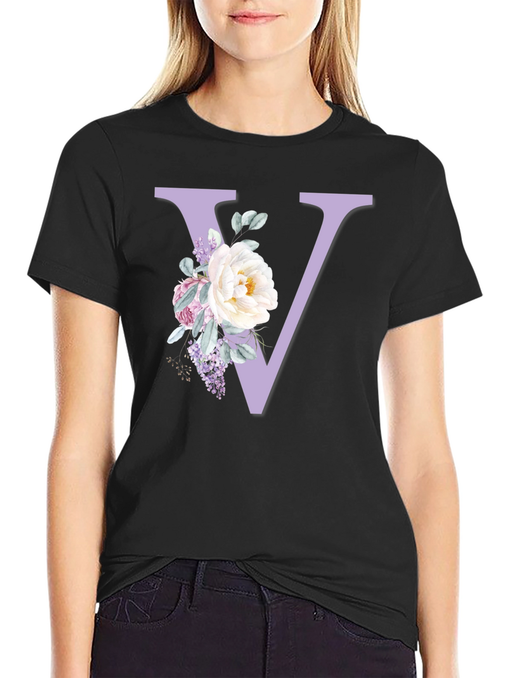 Floral Letter V Black T-Shirt