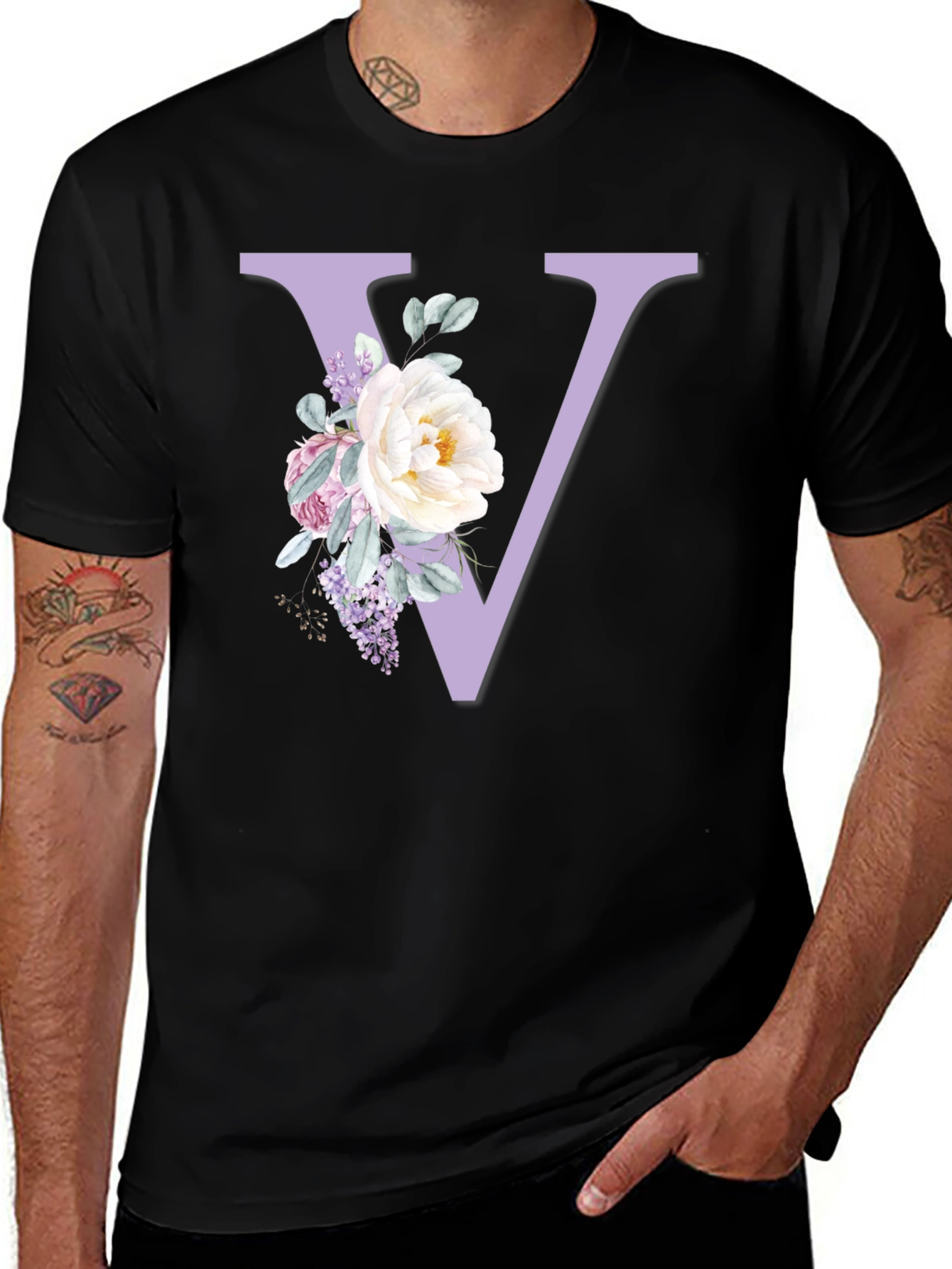 Floral Letter V Black T-Shirt