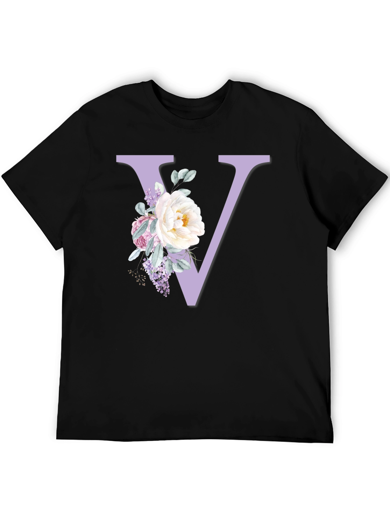 Floral Letter V Black T-Shirt