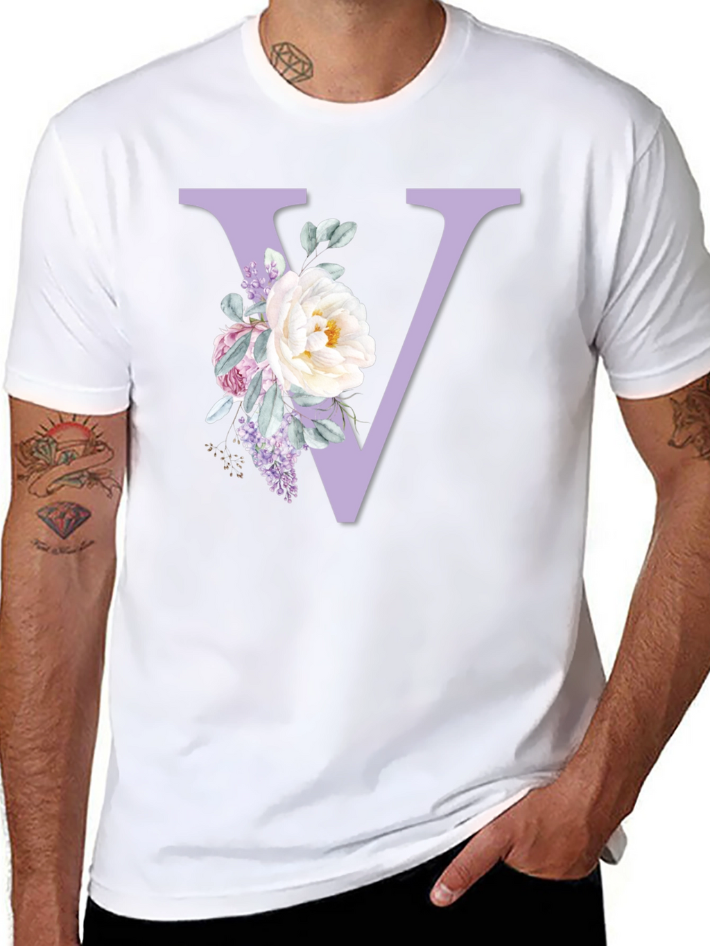 Floral Letter V Black T-Shirt