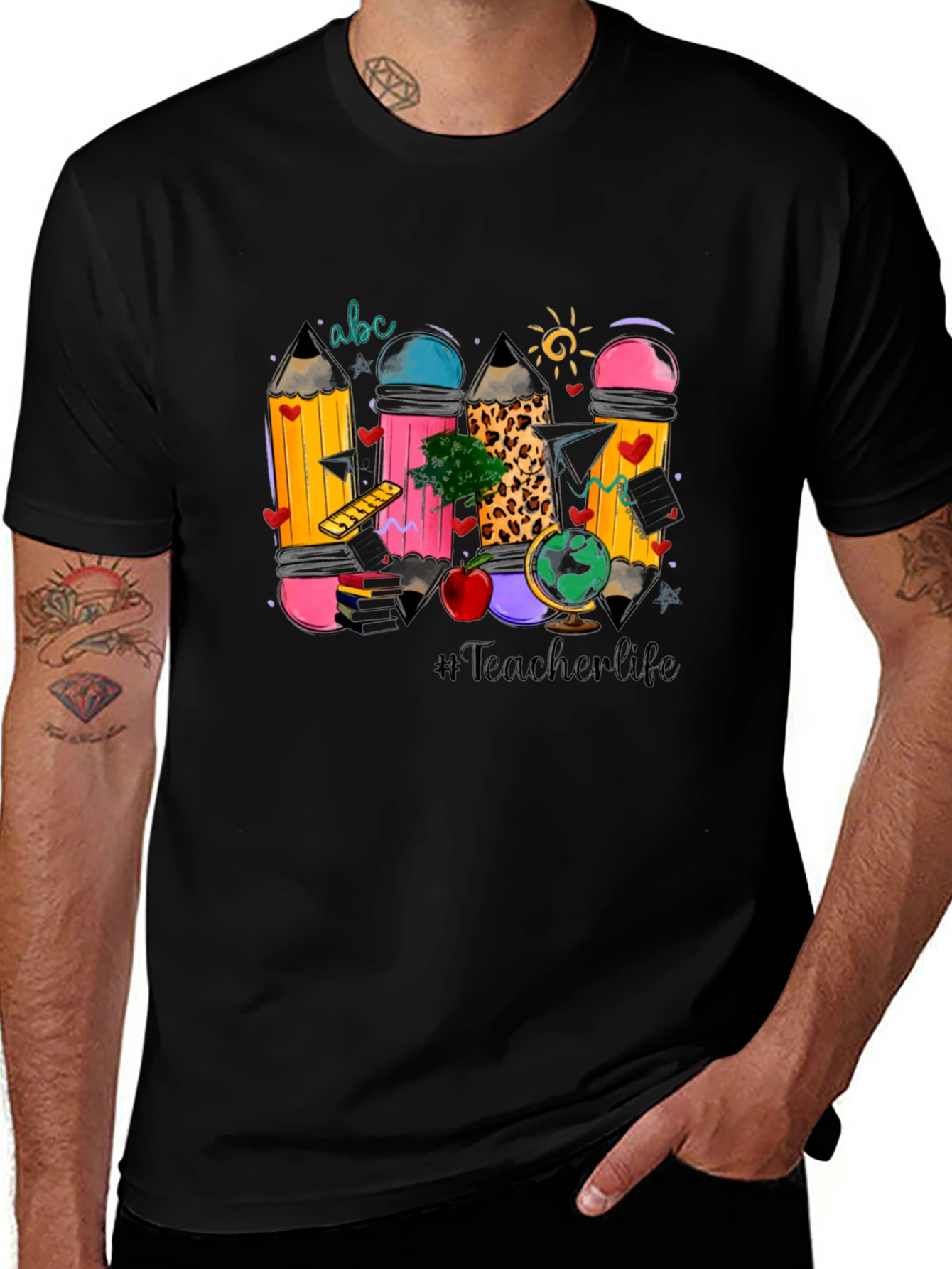 Teacher Life Pencil Design Black T-Shirt