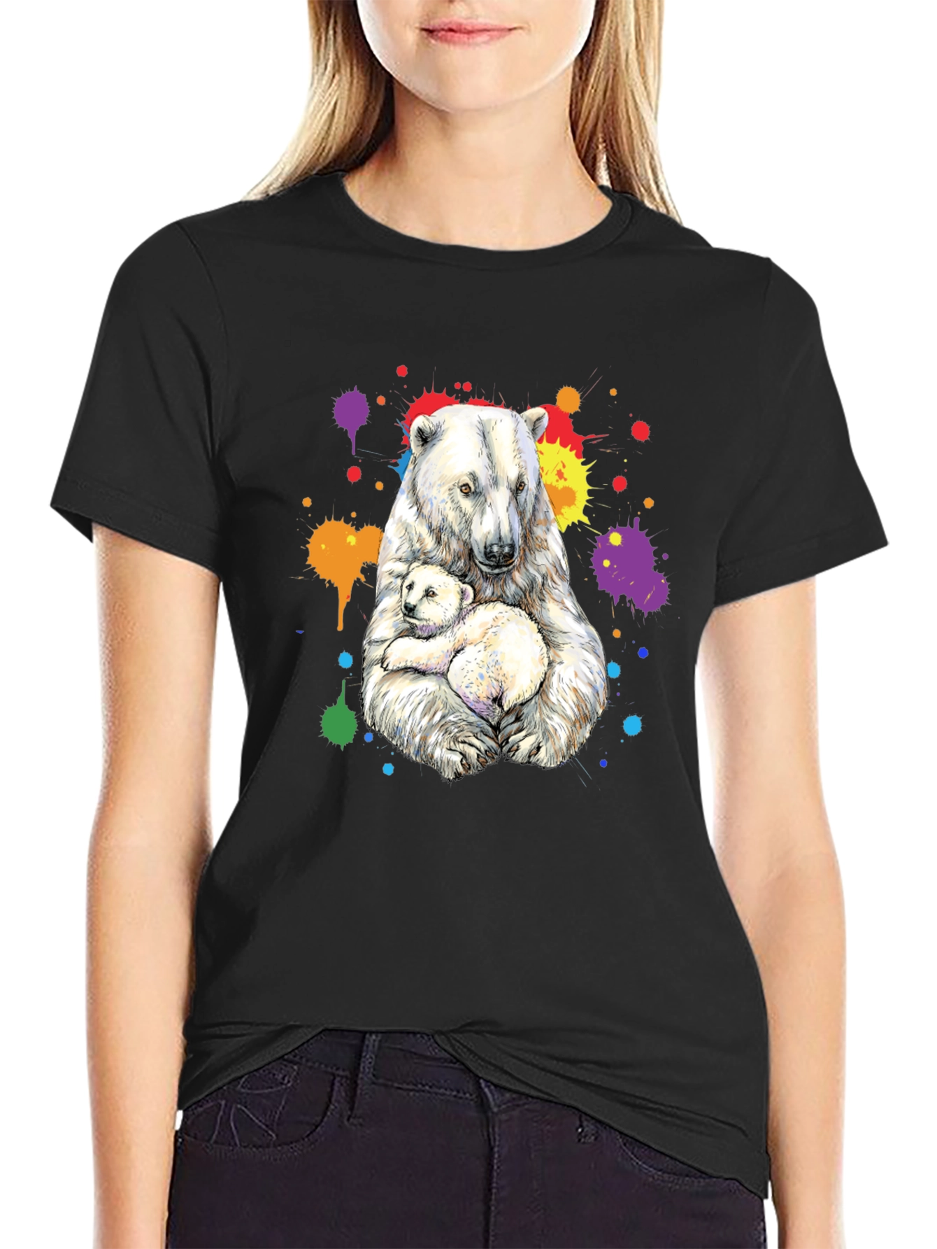 Polar Bear Family Graphic Tee - Black Cotton Blend