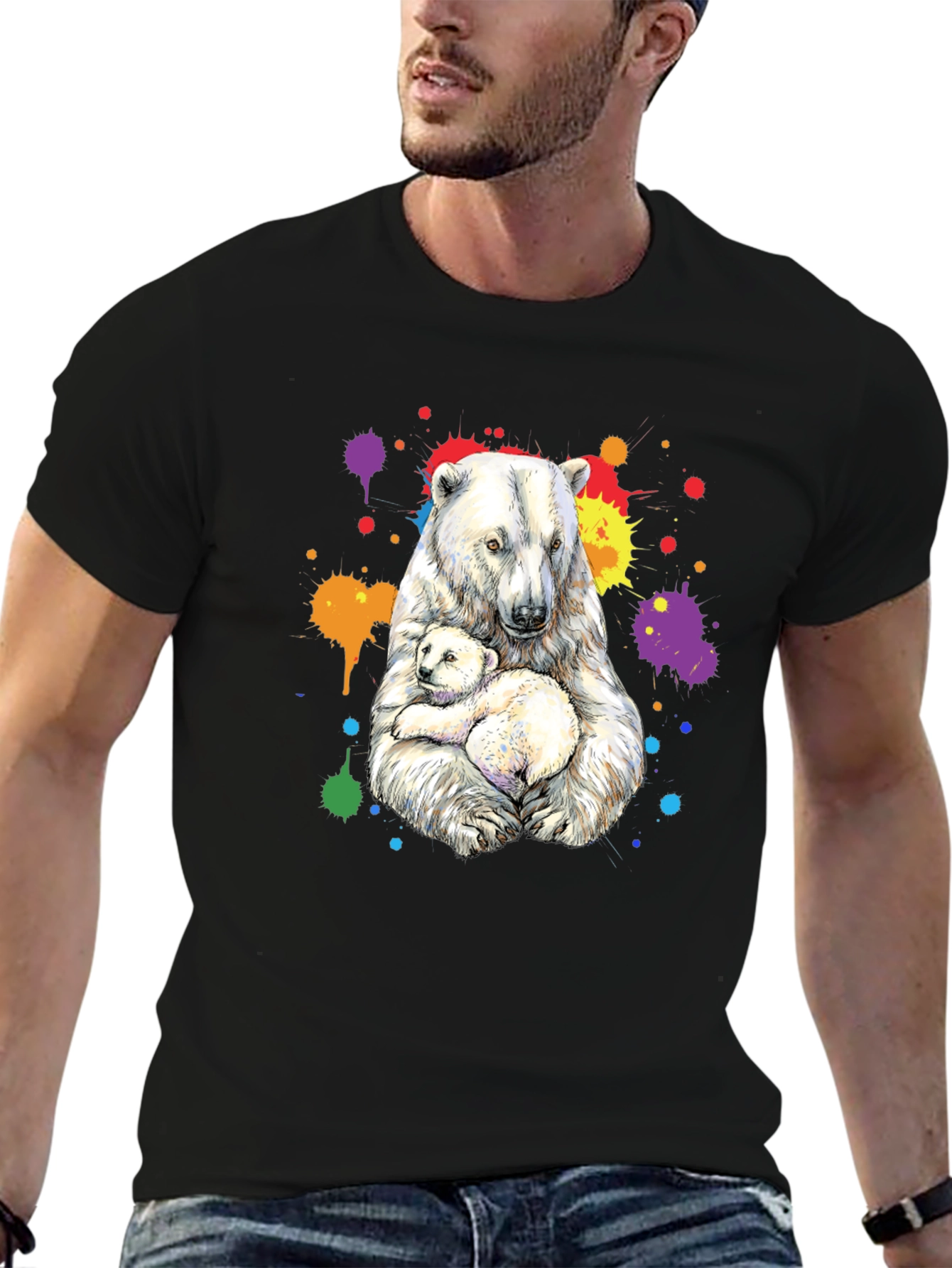 Polar Bear Family Graphic Tee - Black Cotton Blend