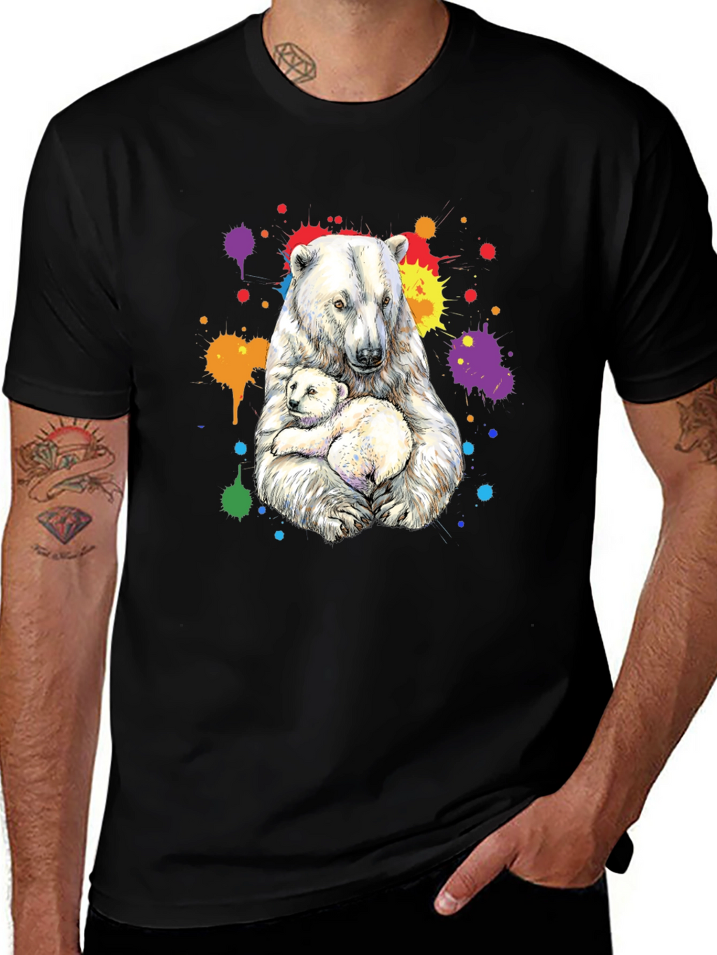 Polar Bear Family Graphic Tee - Black Cotton Blend