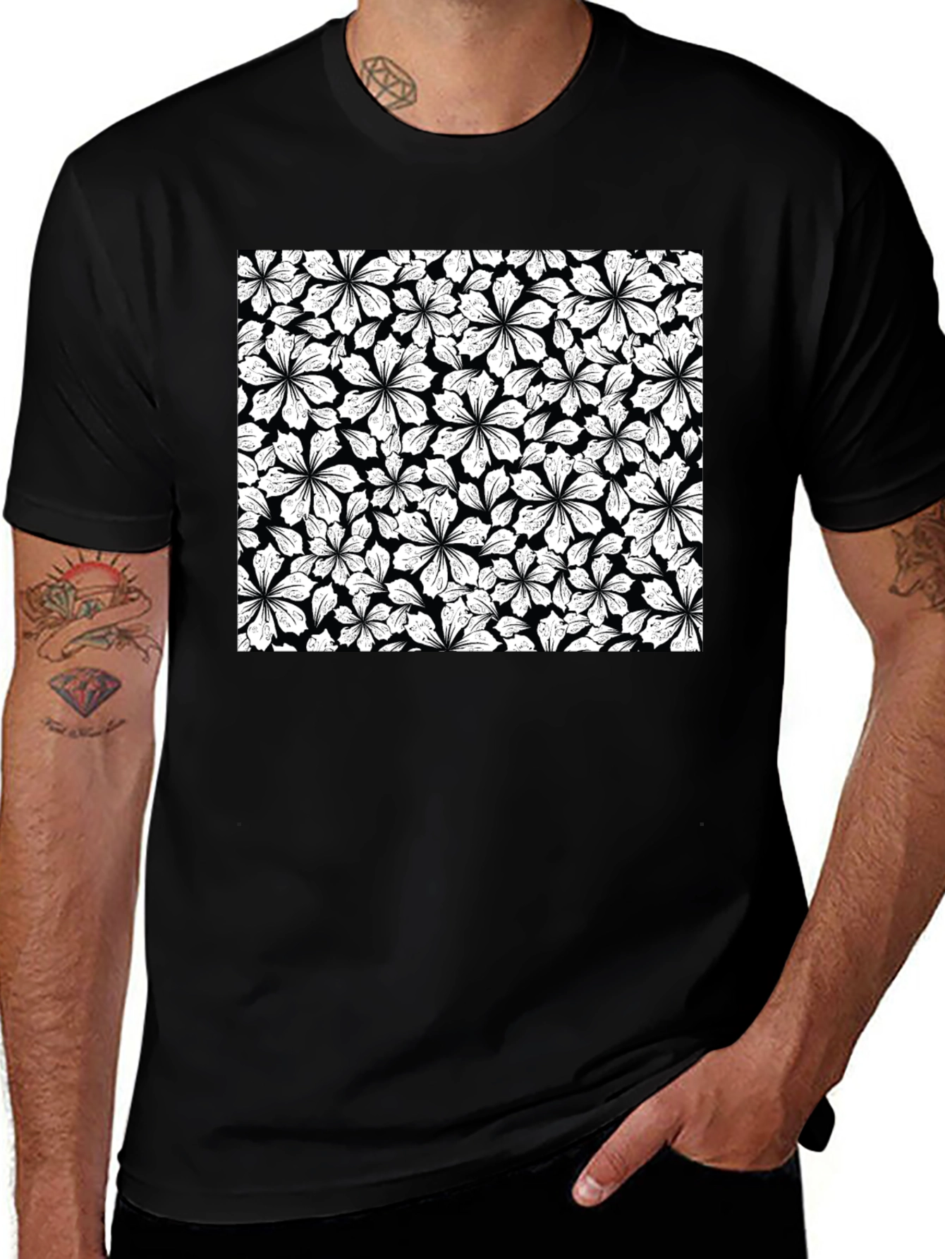 Floral Pattern T-Shirt - Black Graphic Tee