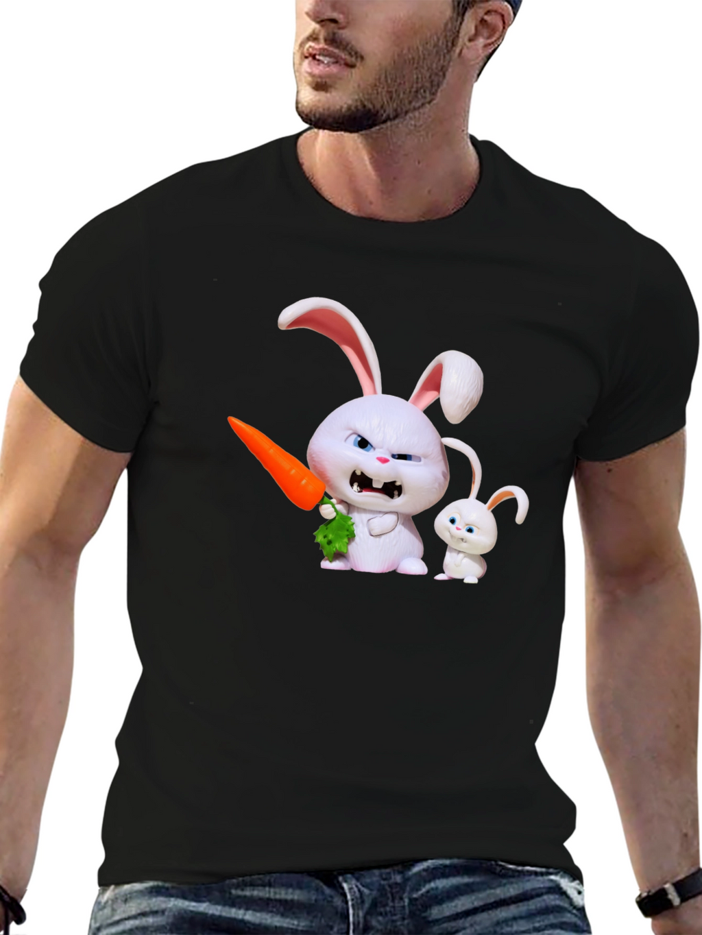Mens Black T-Shirt with Rabbit Print